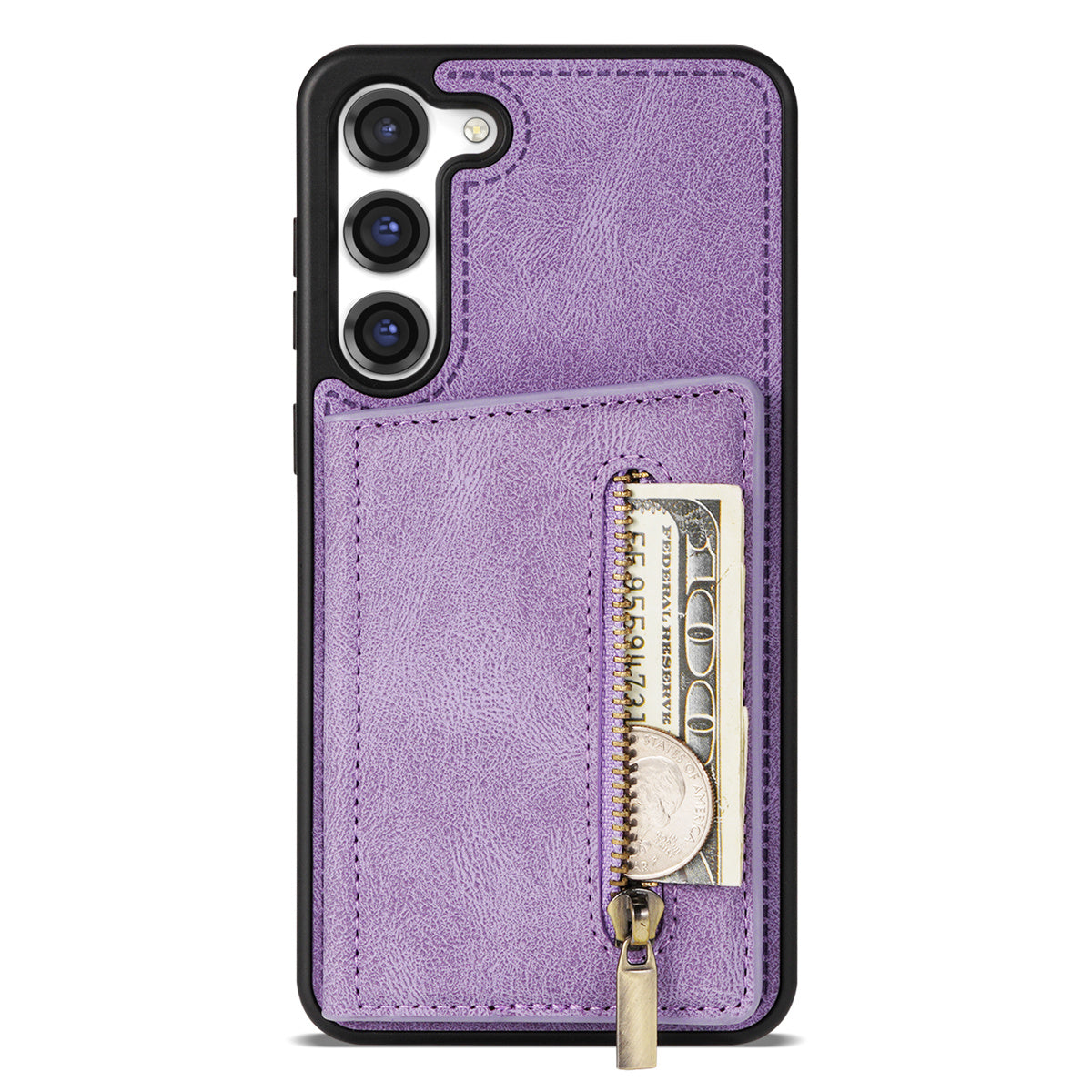 For Samsung Galaxy S24 Magnetic Case Zipper Pocket Wallet Kickstand Phone Guard Cover - Purple