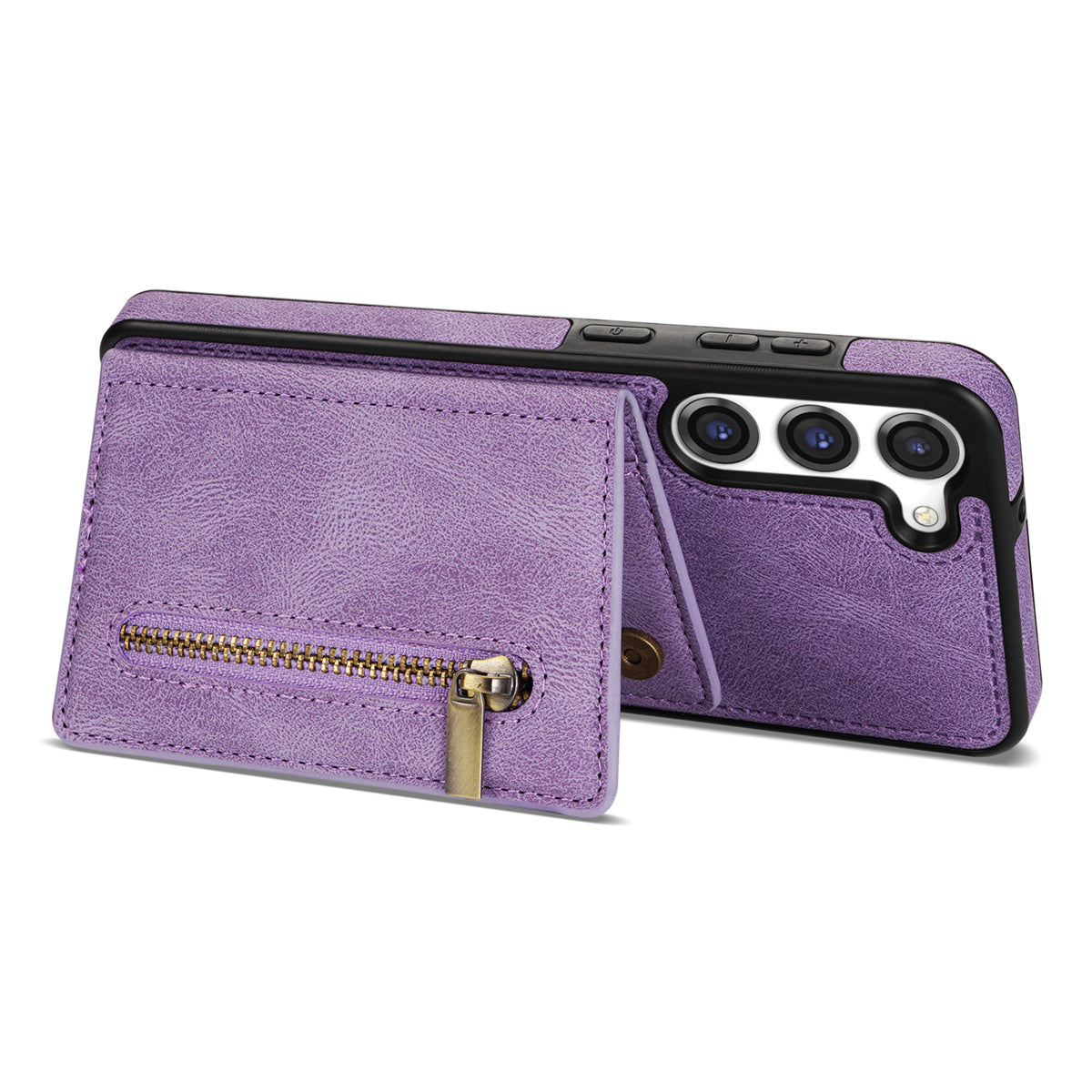 For Samsung Galaxy S24 Magnetic Case Zipper Pocket Wallet Kickstand Phone Guard Cover - Purple