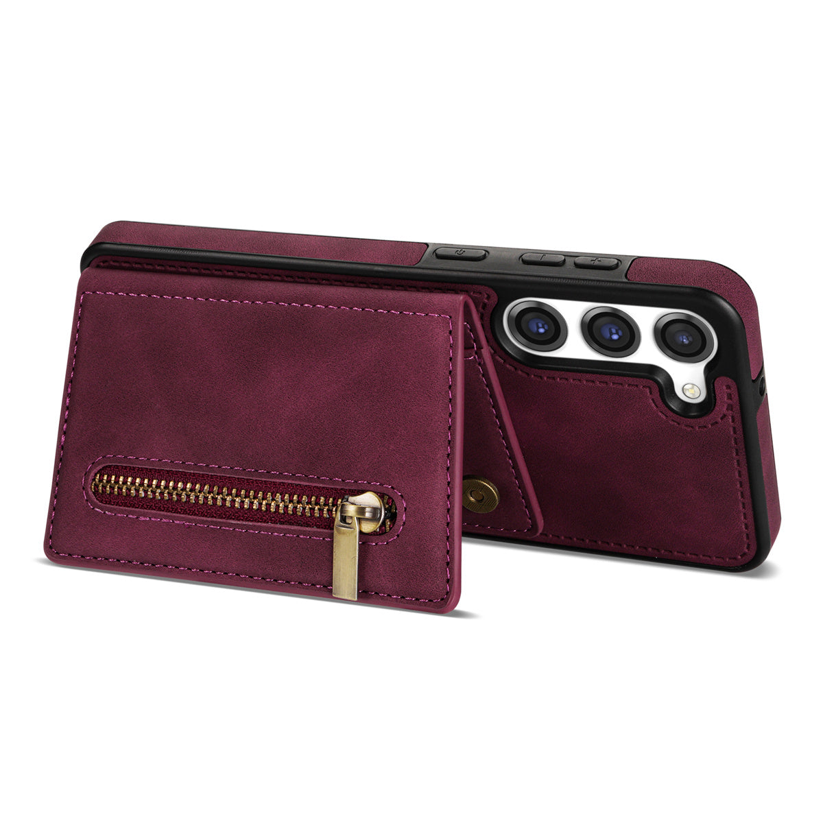 For Samsung Galaxy S24 Magnetic Case Zipper Pocket Wallet Kickstand Phone Guard Cover - Wine Red