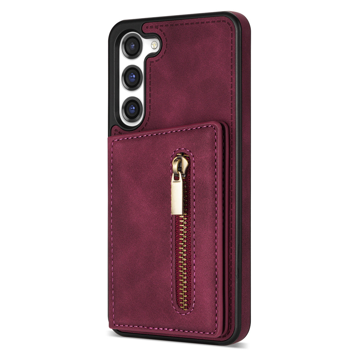 For Samsung Galaxy S24 Magnetic Case Zipper Pocket Wallet Kickstand Phone Guard Cover - Wine Red