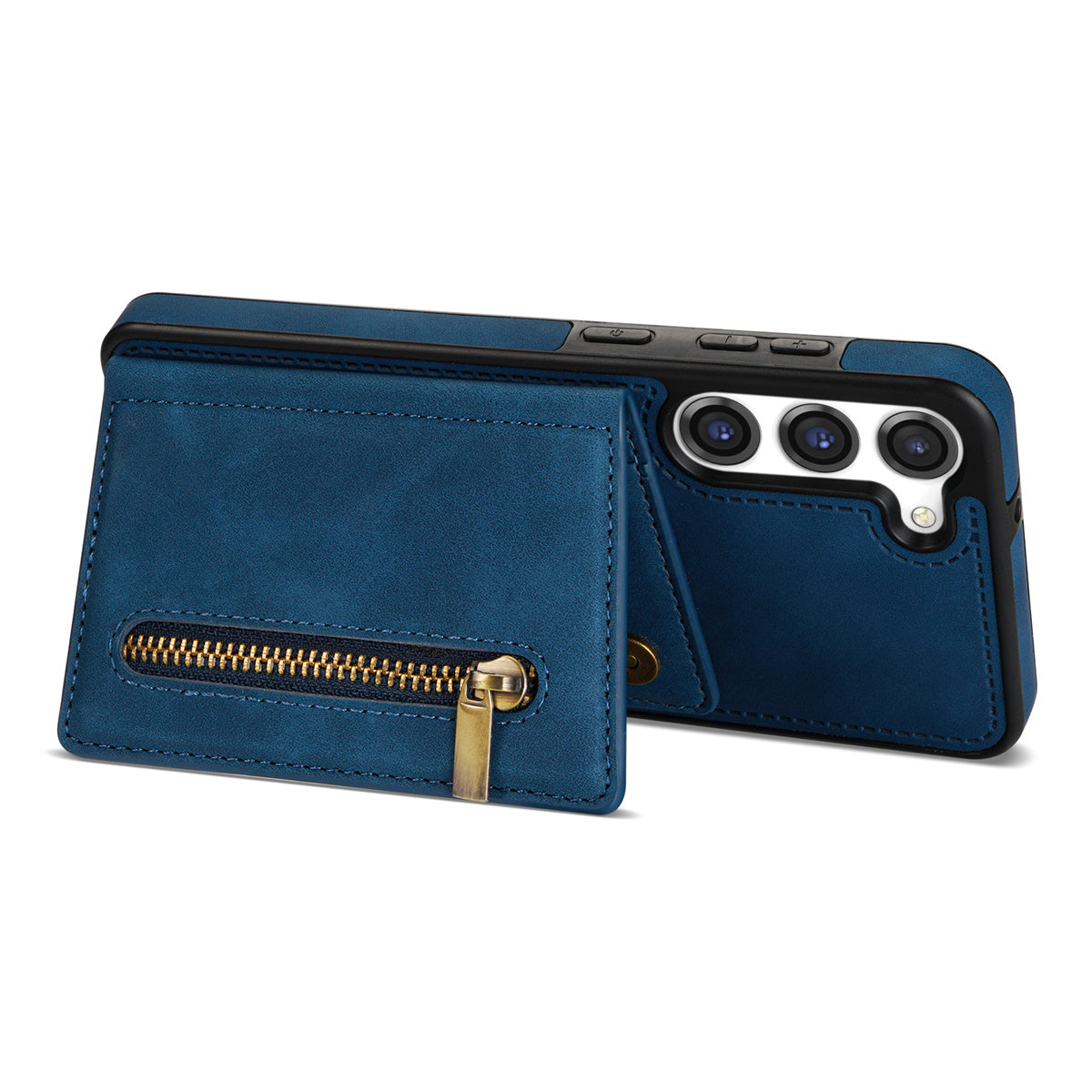 For Samsung Galaxy S24 Magnetic Case Zipper Pocket Wallet Kickstand Phone Guard Cover - Blue