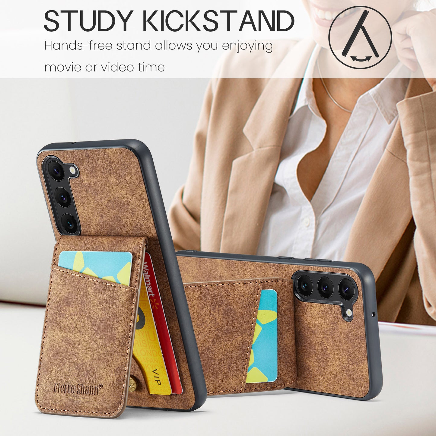 FIERRE SHANN For Samsung Galaxy S24+ Case RFID Blocking PU Leather+TPU Phone Cover - Brown
