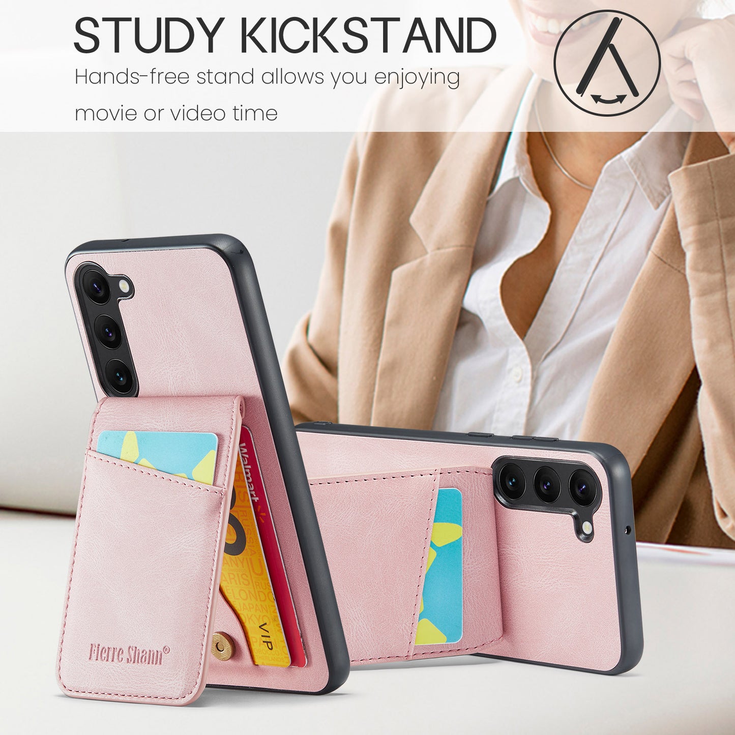 FIERRE SHANN For Samsung Galaxy S24+ Case RFID Blocking PU Leather+TPU Phone Cover - Pink