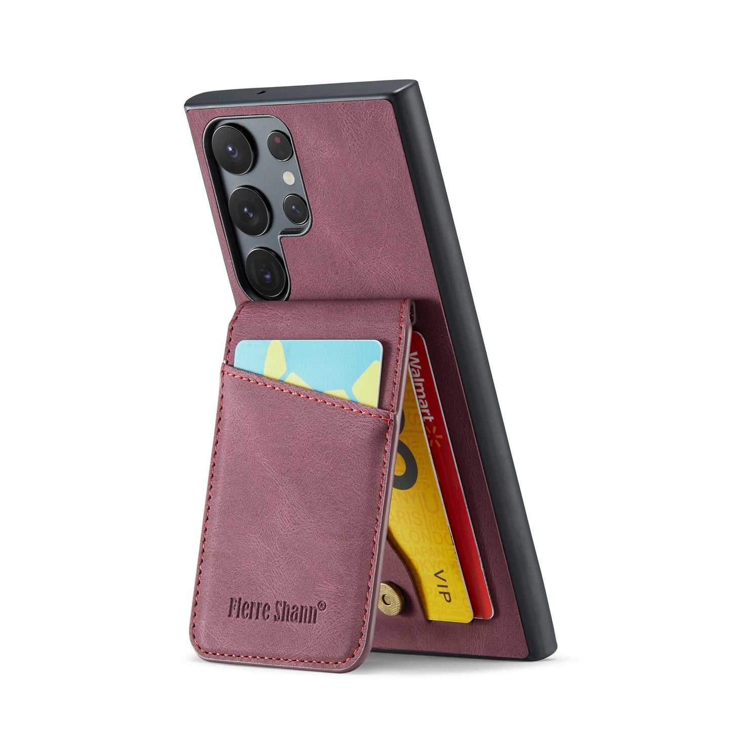 FIERRE SHANN For Samsung Galaxy S24 Ultra Case Crazy Horse Texture Card Slots Phone Cover - Red