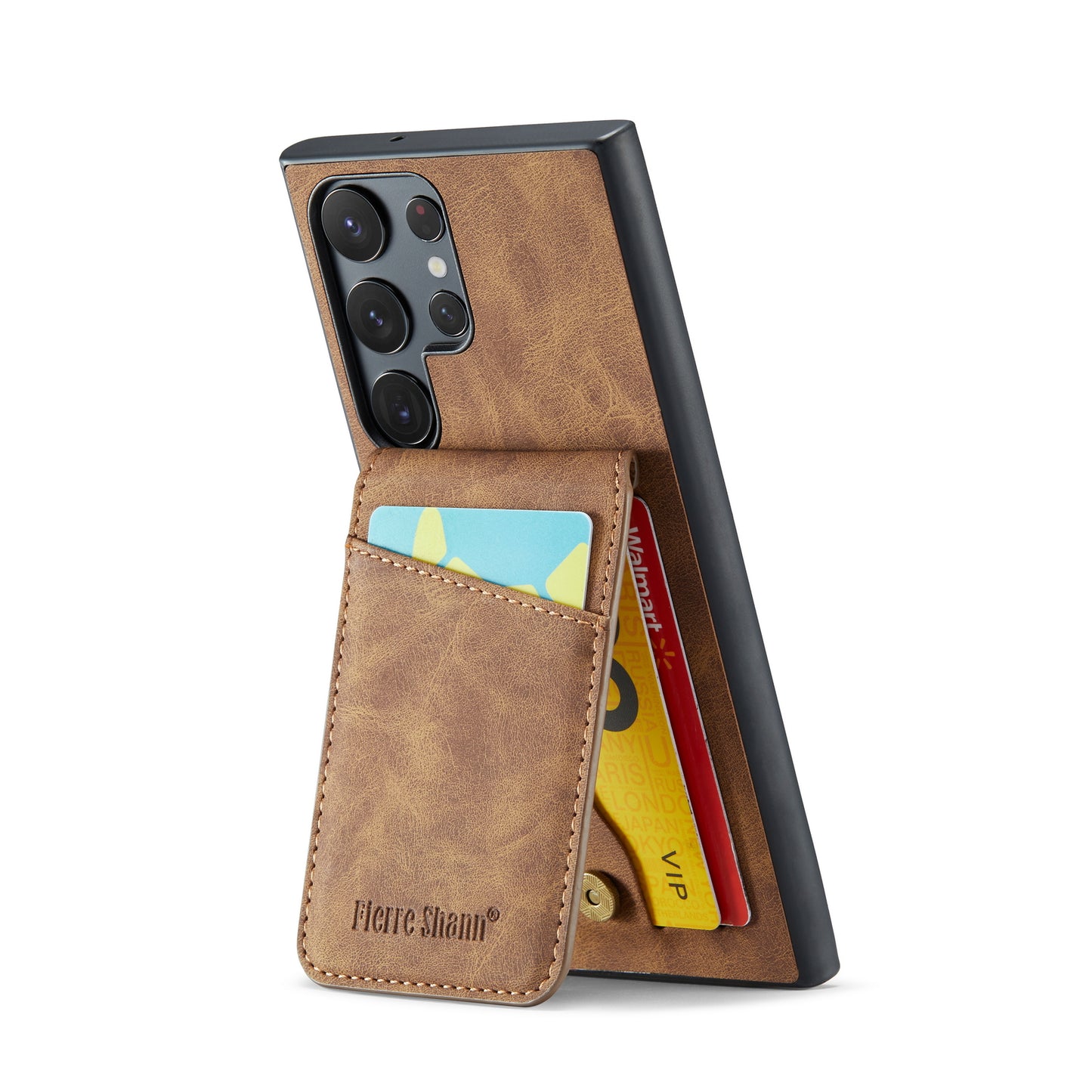 FIERRE SHANN For Samsung Galaxy S24 Ultra Case Crazy Horse Texture Card Slots Phone Cover - Brown