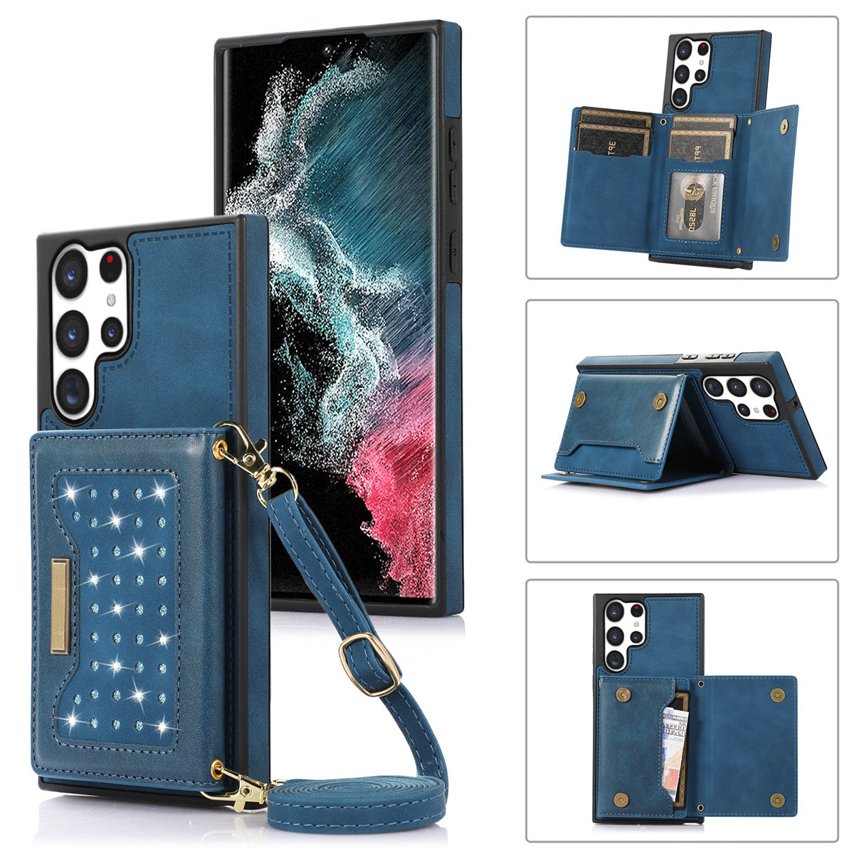 For Samsung Galaxy S24 Ultra Case Rhinestone Phone Cover with Wallet RFID Blocking - Blue