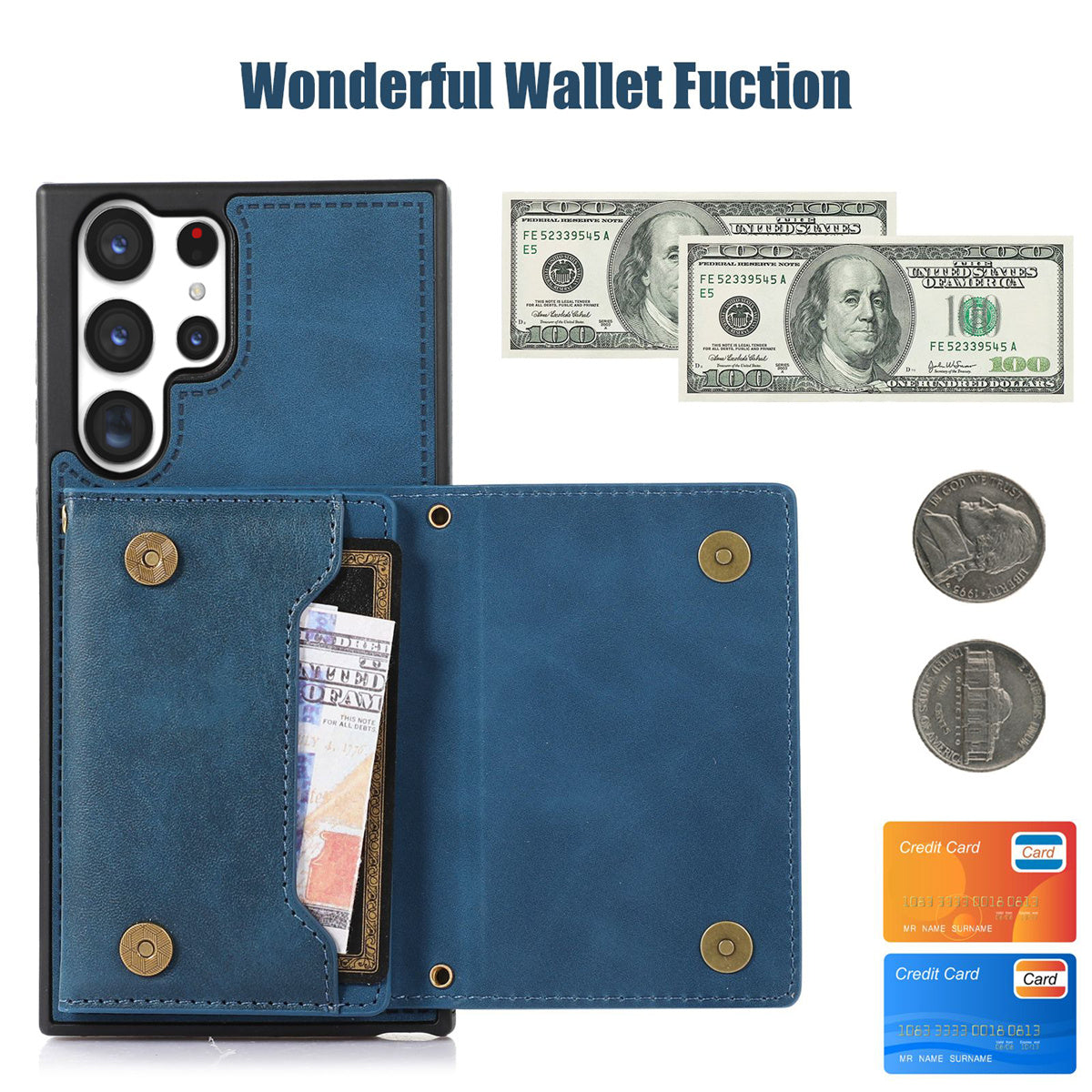 For Samsung Galaxy S24 Ultra Case Rhinestone Phone Cover with Wallet RFID Blocking - Blue