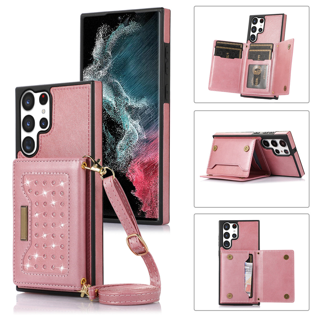 For Samsung Galaxy S24 Ultra Case Rhinestone Phone Cover with Wallet RFID Blocking - Rose Gold