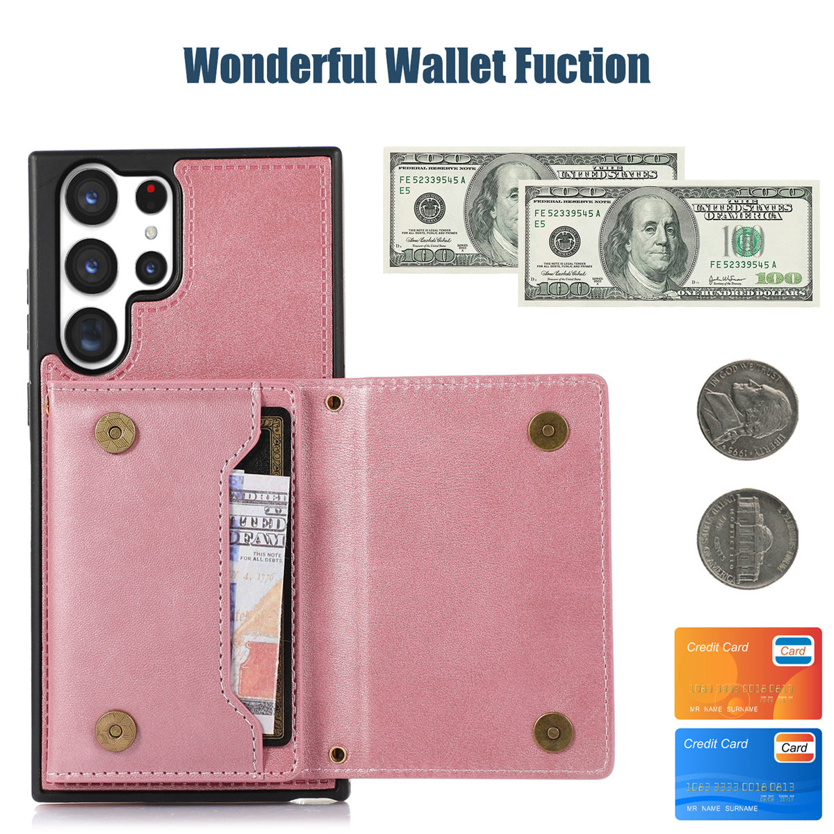 For Samsung Galaxy S24 Ultra Case Rhinestone Phone Cover with Wallet RFID Blocking - Rose Gold