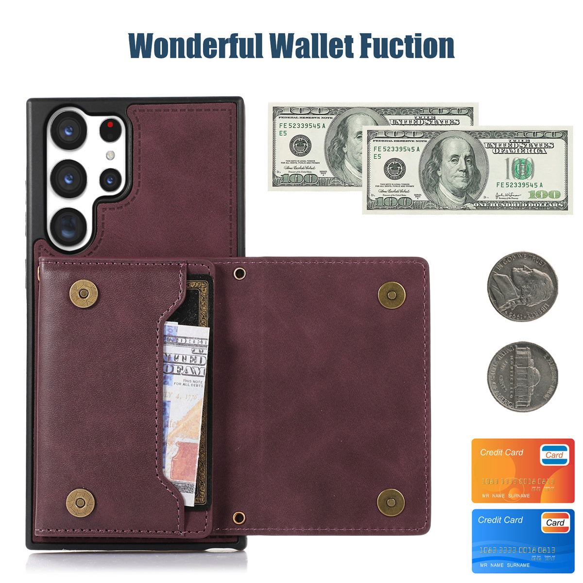 For Samsung Galaxy S24 Ultra Case Rhinestone Phone Cover with Wallet RFID Blocking - Red