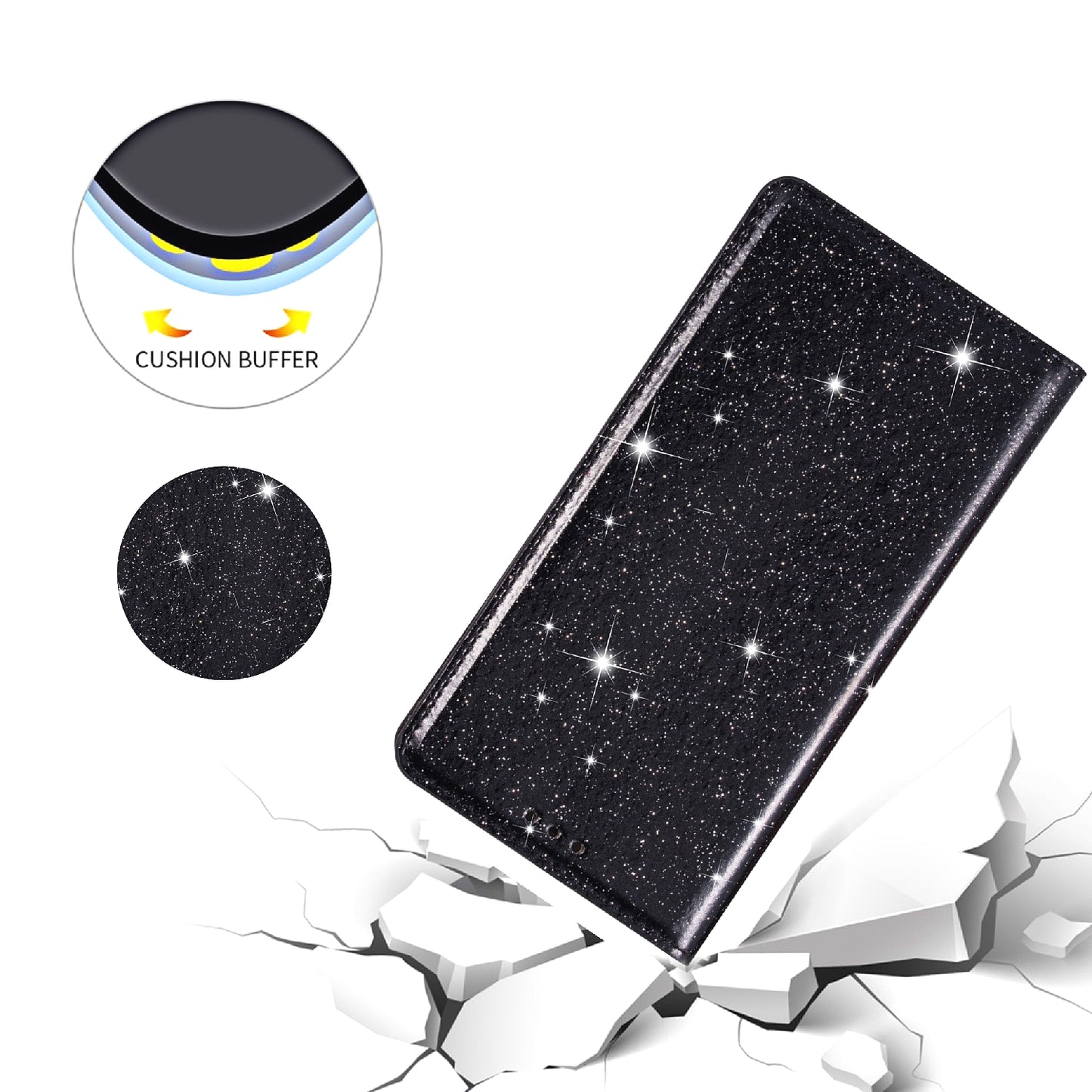 For Samsung Galaxy S24+ Case Card Holder Glittery Leather Stand Cover - Black