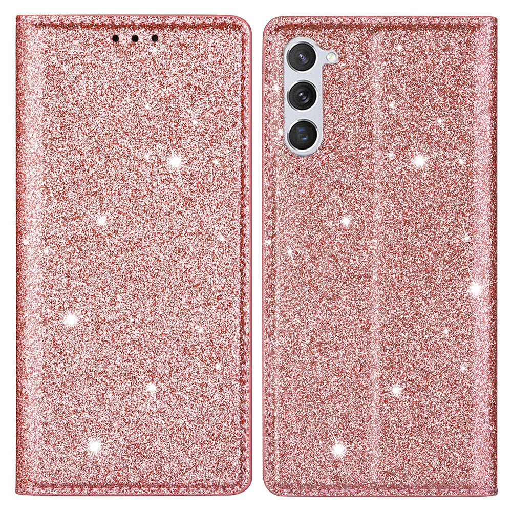 For Samsung Galaxy S24+ Case Card Holder Glittery Leather Stand Cover - Rose Gold