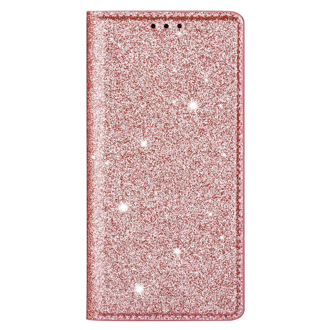 For Samsung Galaxy S24+ Case Card Holder Glittery Leather Stand Cover - Rose Gold