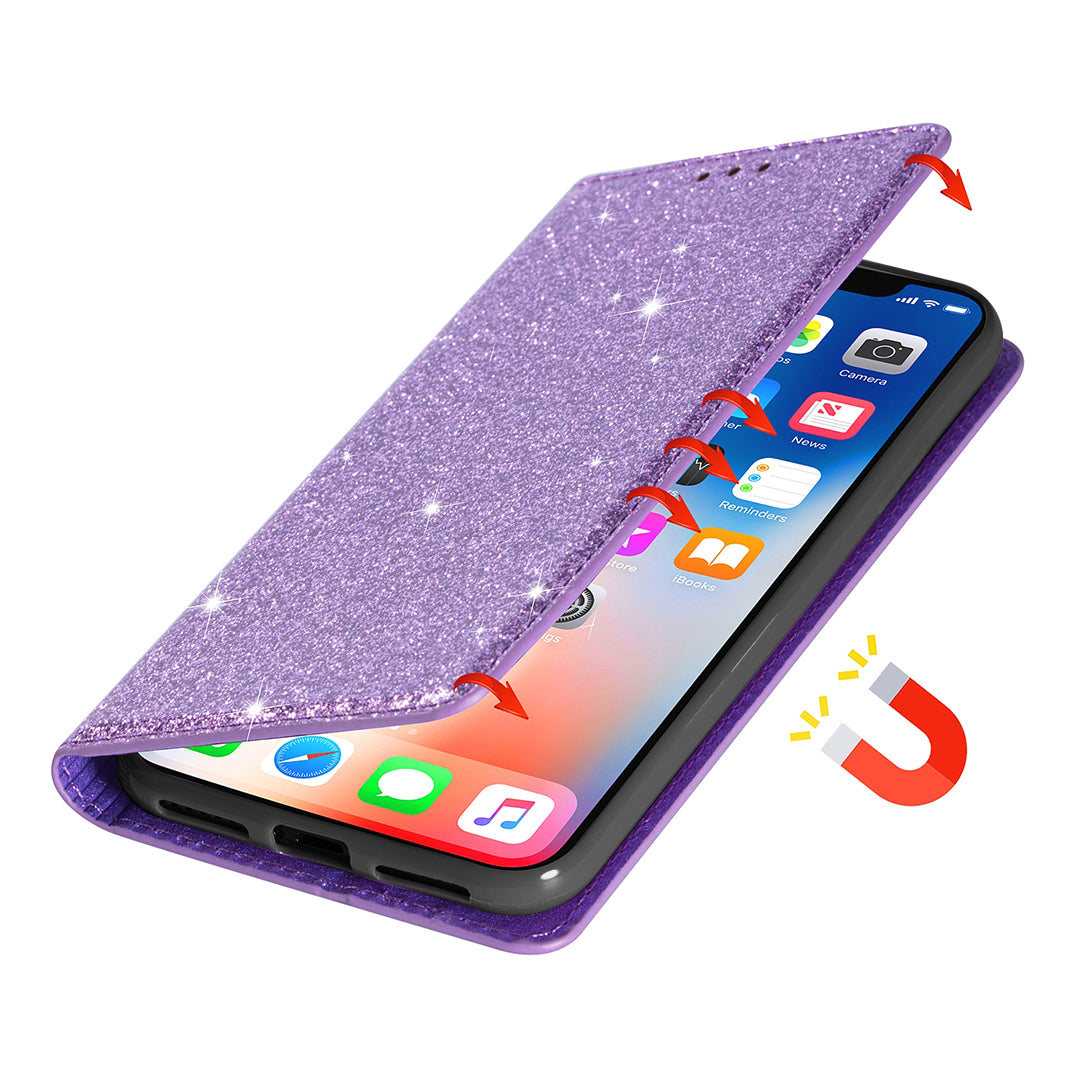 For Samsung Galaxy S24+ Case Card Holder Glittery Leather Stand Cover - Purple