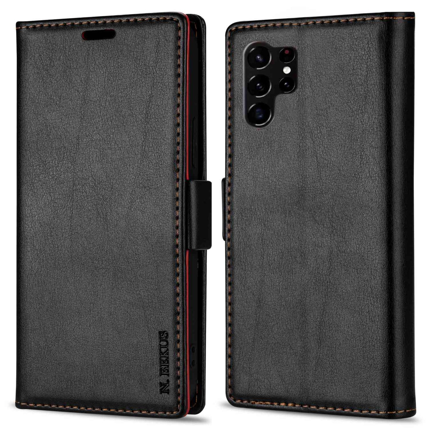 N.BEKUS For Samsung Galaxy S24 Ultra Case Dual Magnetic Clasp Leather Wallet Cover - Black