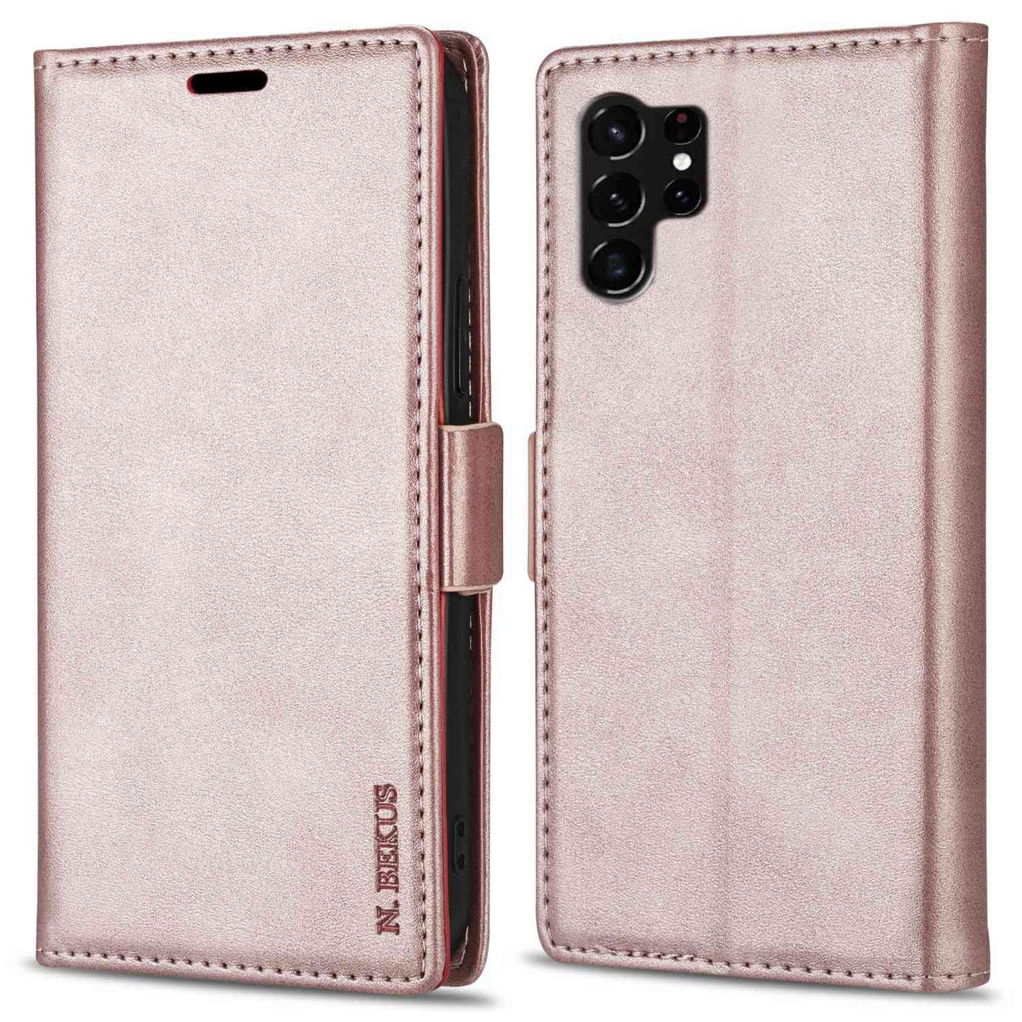 N.BEKUS For Samsung Galaxy S24 Ultra Case Dual Magnetic Clasp Leather Wallet Cover - Rose Gold