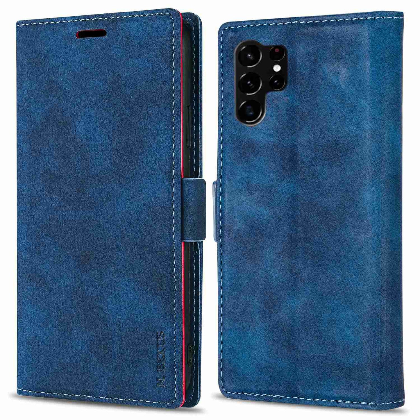 N.BEKUS For Samsung Galaxy S24 Ultra Case Dual Magnetic Clasp Leather Wallet Cover - Blue