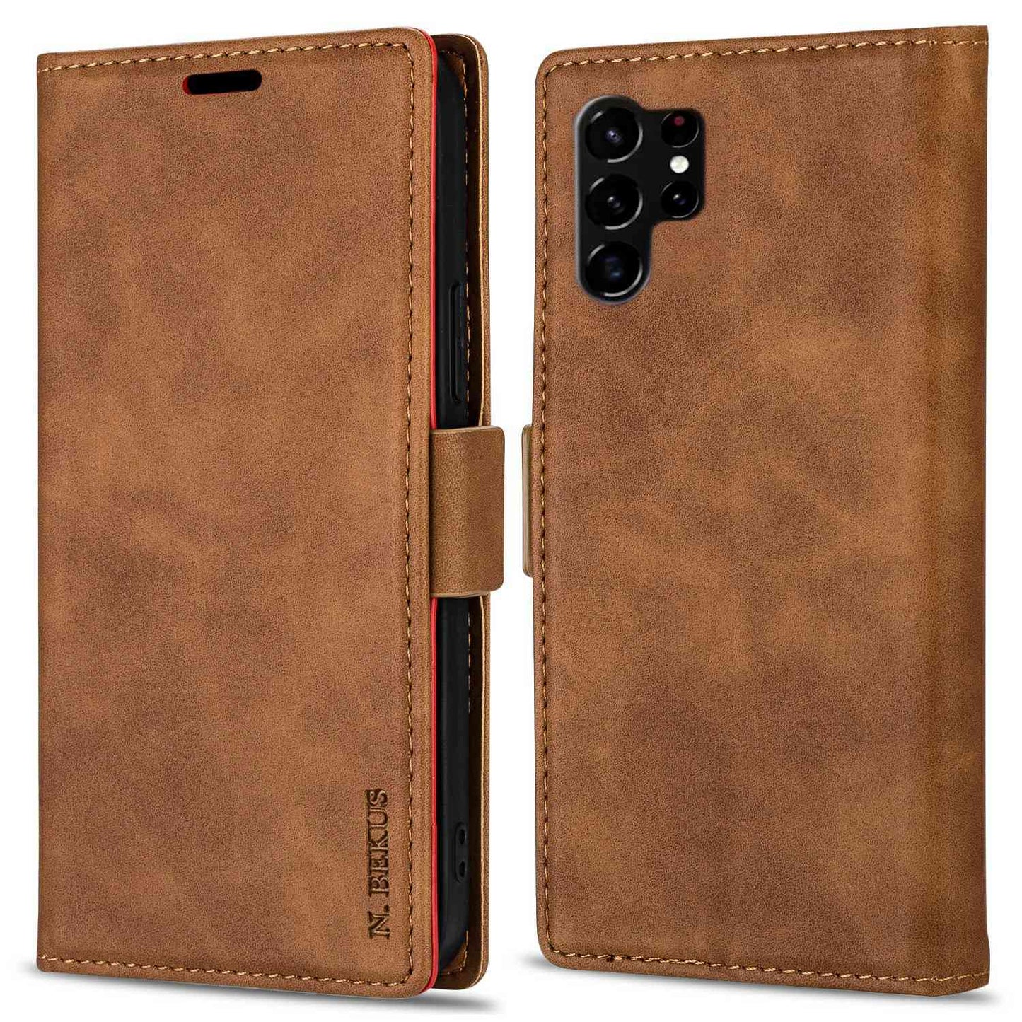 N.BEKUS For Samsung Galaxy S24 Ultra Case Dual Magnetic Clasp Leather Wallet Cover - Brown