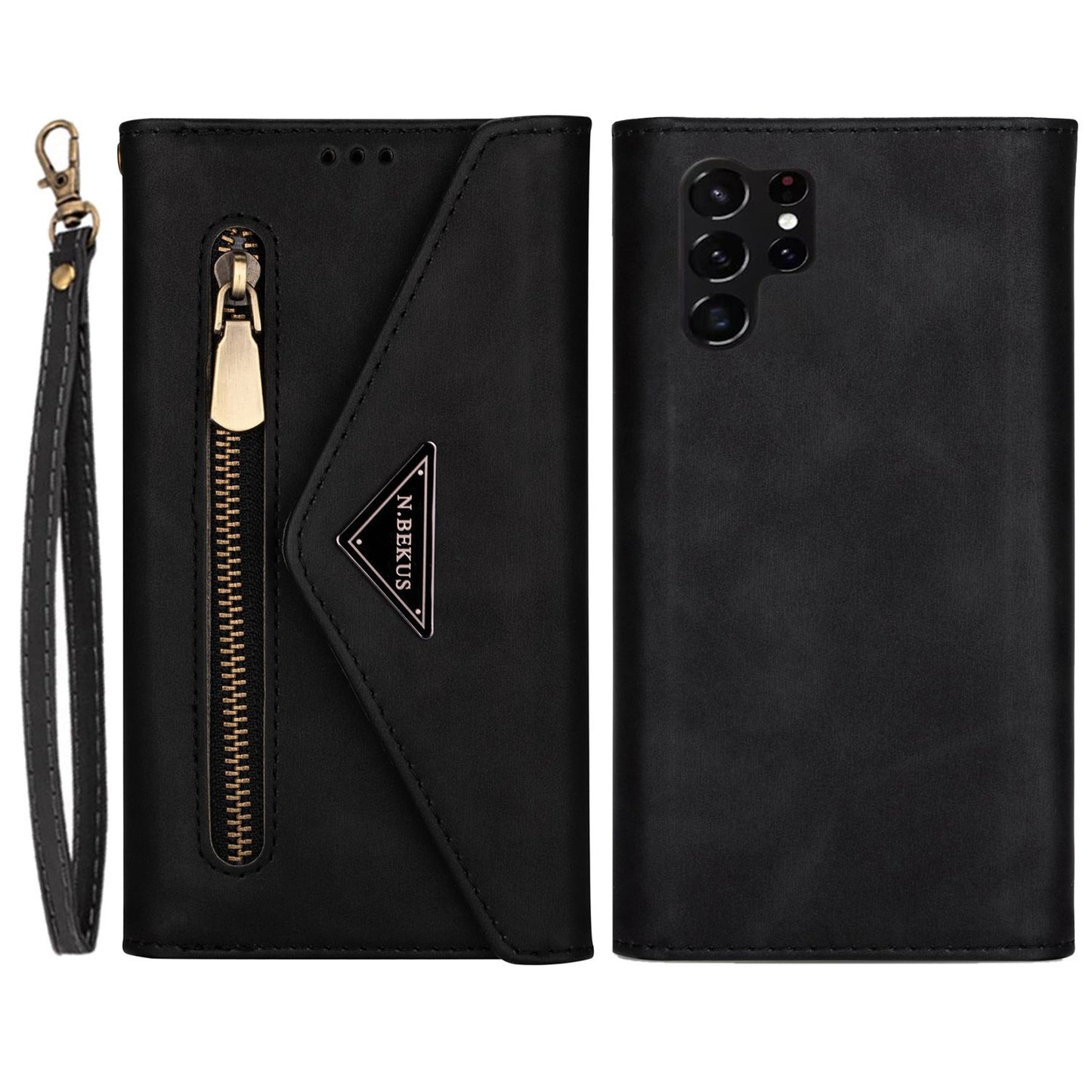 N.BEKUS For Samsung Galaxy S24 Ultra Wallet Cell Phone Cases with Short + Long Strap - Black