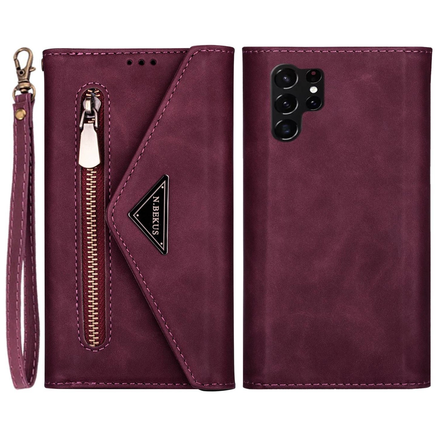 N.BEKUS For Samsung Galaxy S24 Ultra Wallet Cell Phone Cases with Short + Long Strap - Wine Red