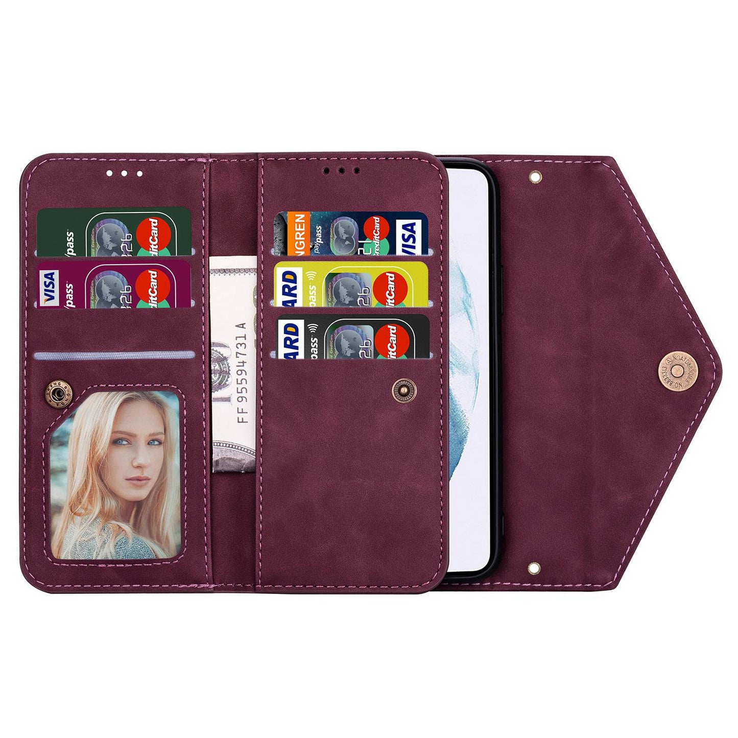 N.BEKUS For Samsung Galaxy S24 Ultra Wallet Cell Phone Cases with Short + Long Strap - Wine Red