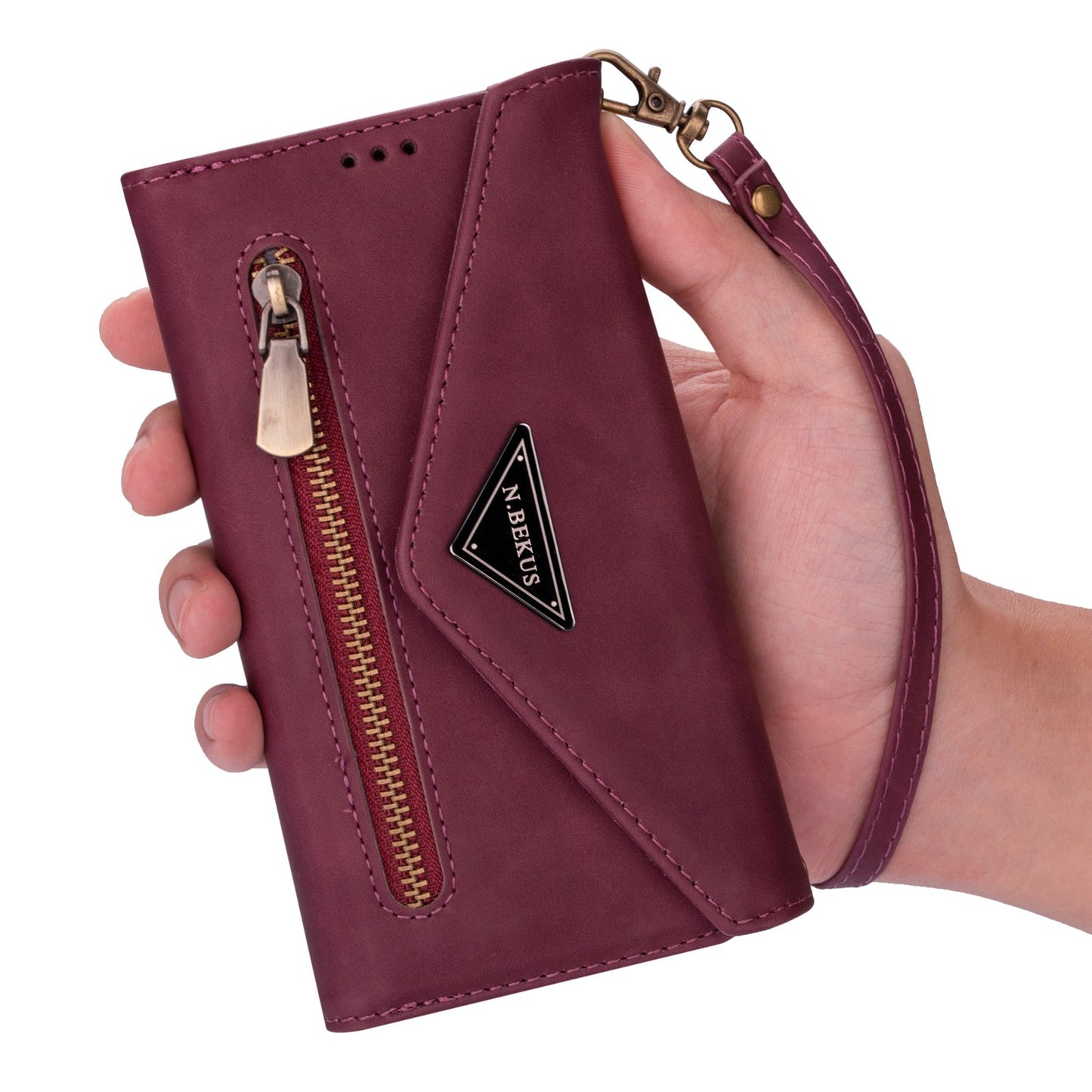 N.BEKUS For Samsung Galaxy S24 Ultra Wallet Cell Phone Cases with Short + Long Strap - Wine Red