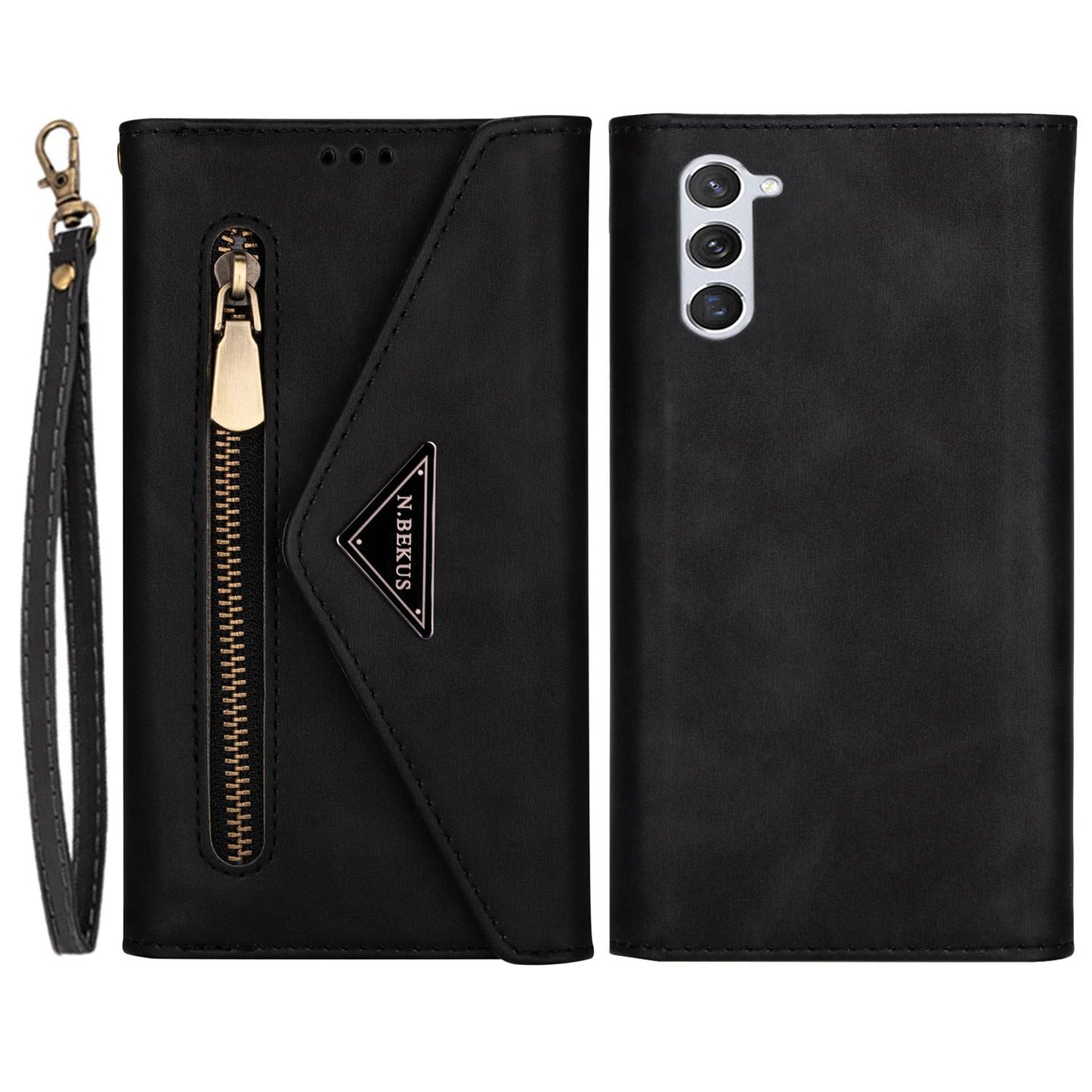 N.BEKUS For Samsung Galaxy S24 Skin-touch Wallet Cell Phone Cases with Short + Long Strap - Black