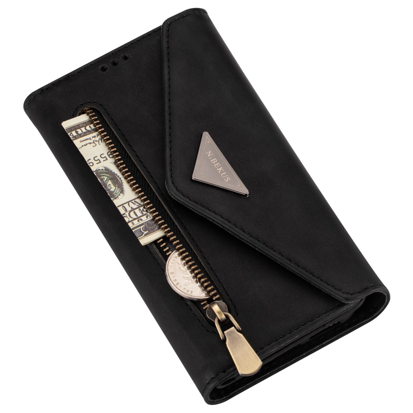 N.BEKUS For Samsung Galaxy S24 Skin-touch Wallet Cell Phone Cases with Short + Long Strap - Black