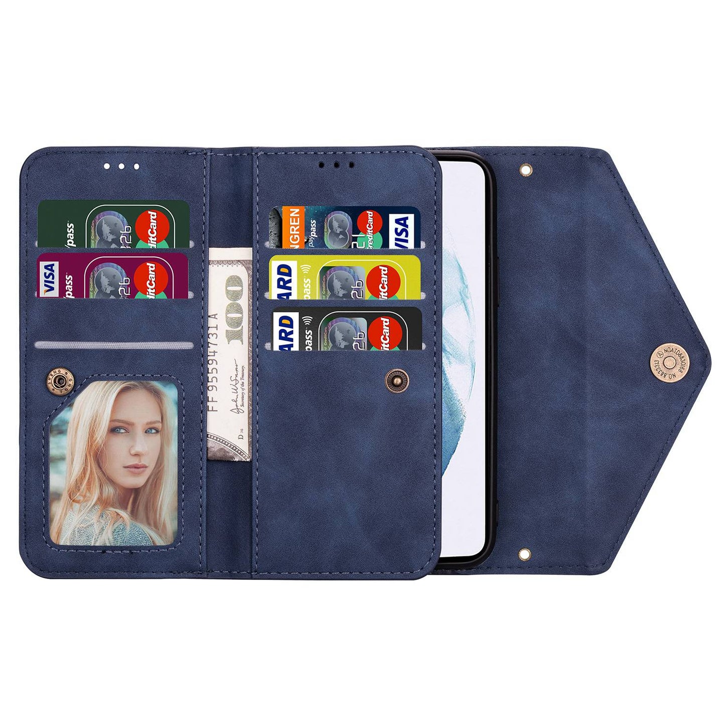 N.BEKUS For Samsung Galaxy S24 Skin-touch Wallet Cell Phone Cases with Short + Long Strap - Blue