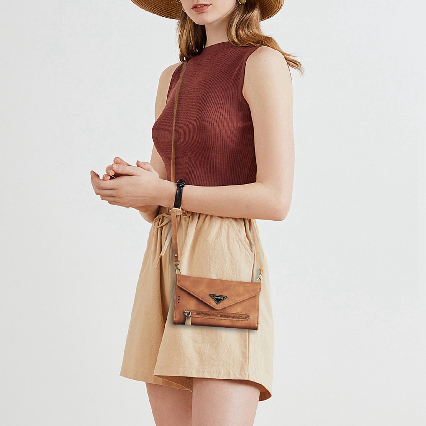 N.BEKUS For Samsung Galaxy S24 Skin-touch Wallet Cell Phone Cases with Short + Long Strap - Brown