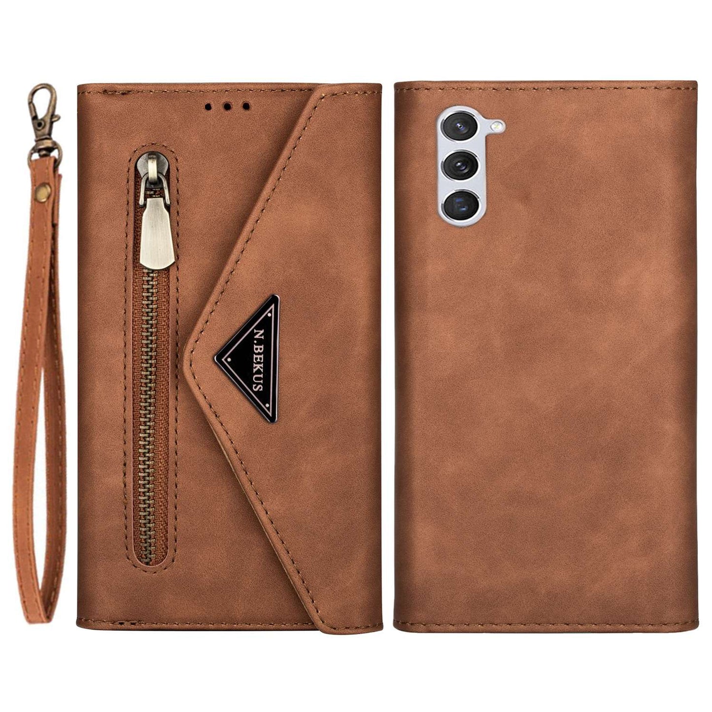N.BEKUS For Samsung Galaxy S24+ Cover Skin-touch Cell Phone Cases with Short + Long Strap - Brown