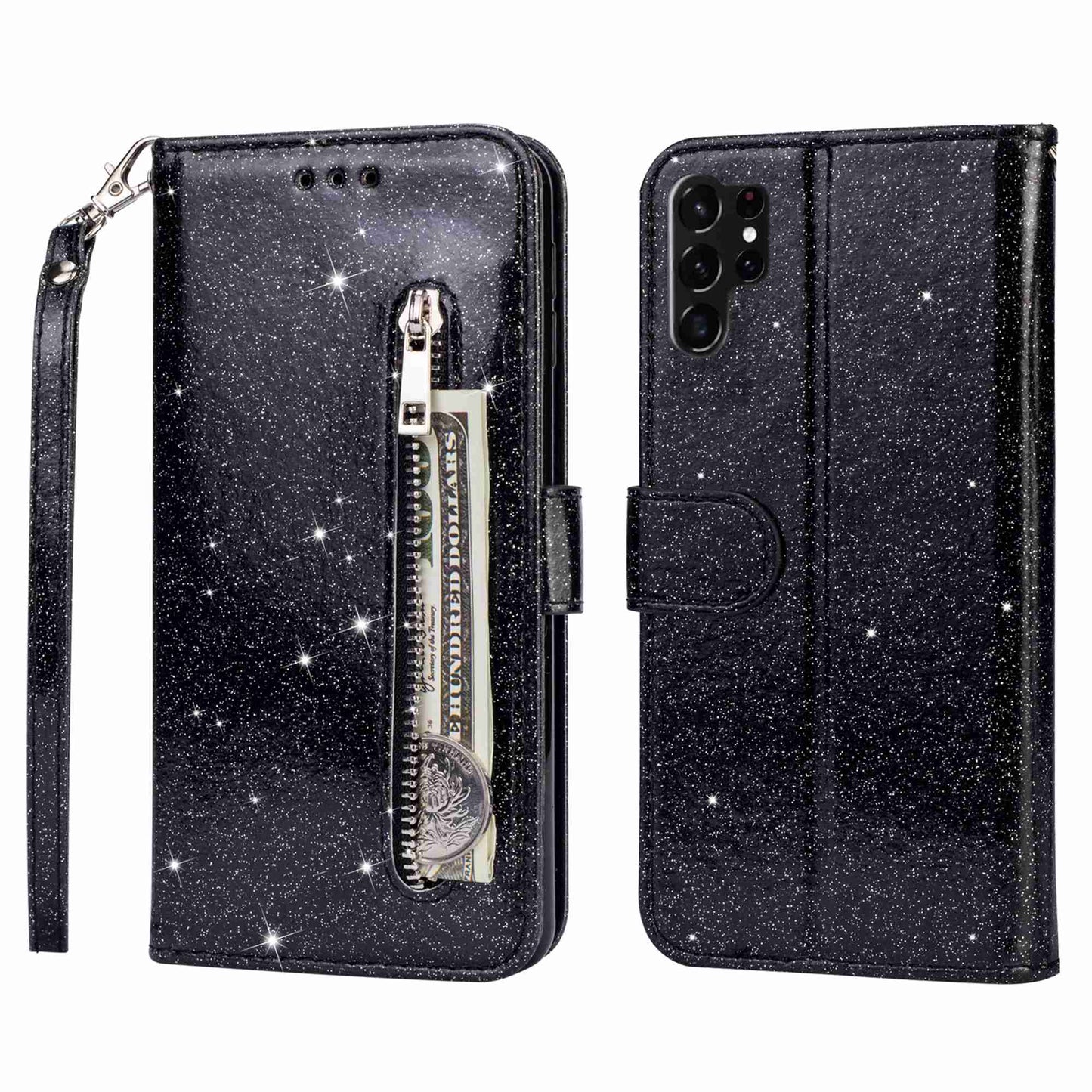 For Samsung Galaxy S24 Ultra Leather Case Zipper Pocket Glittery Phone Stand Cover - Black