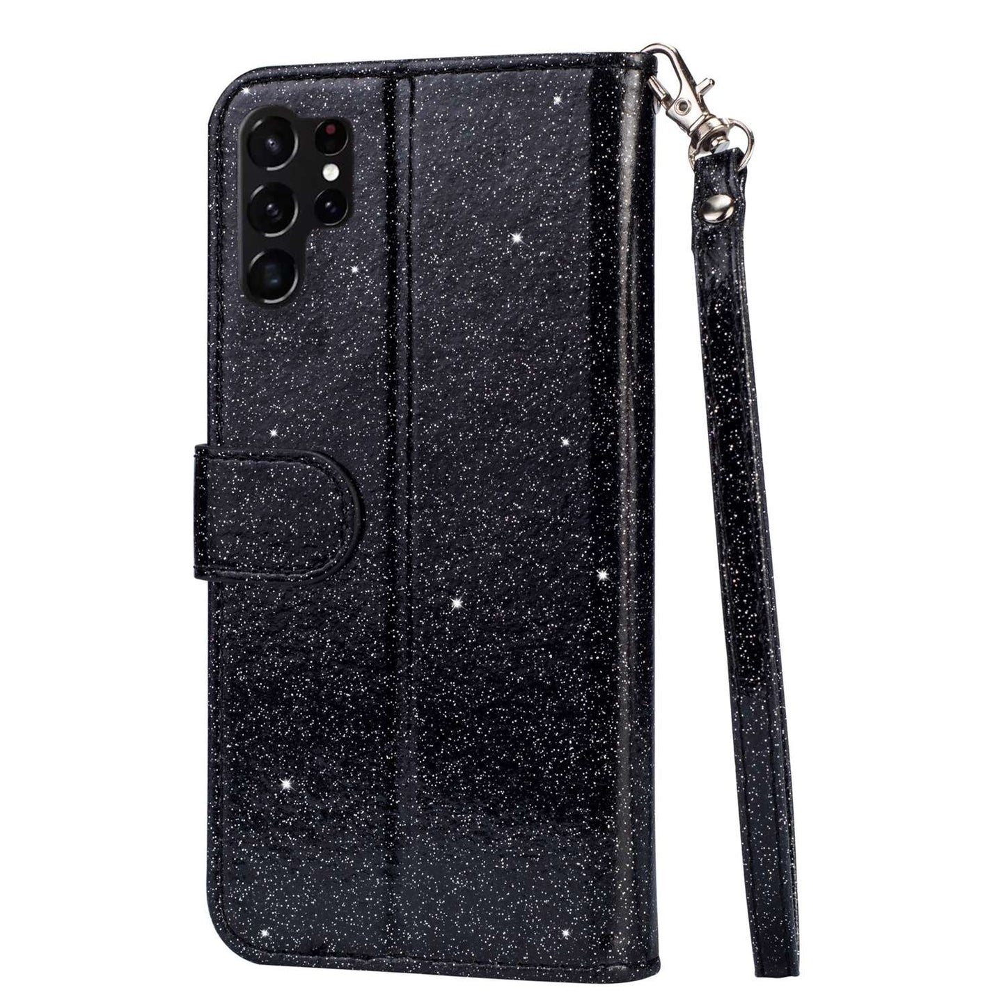 For Samsung Galaxy S24 Ultra Leather Case Zipper Pocket Glittery Phone Stand Cover - Black