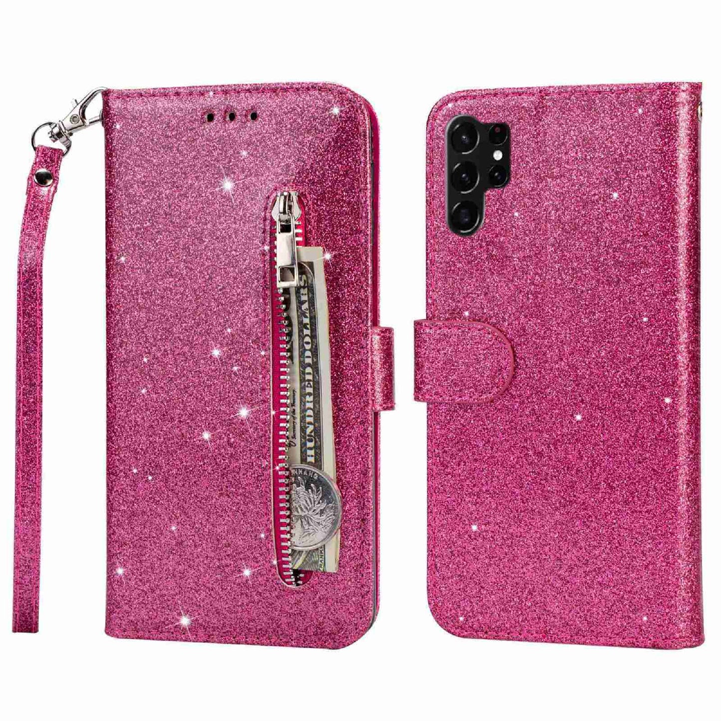 For Samsung Galaxy S24 Ultra Leather Case Zipper Pocket Glittery Phone Stand Cover - Rose