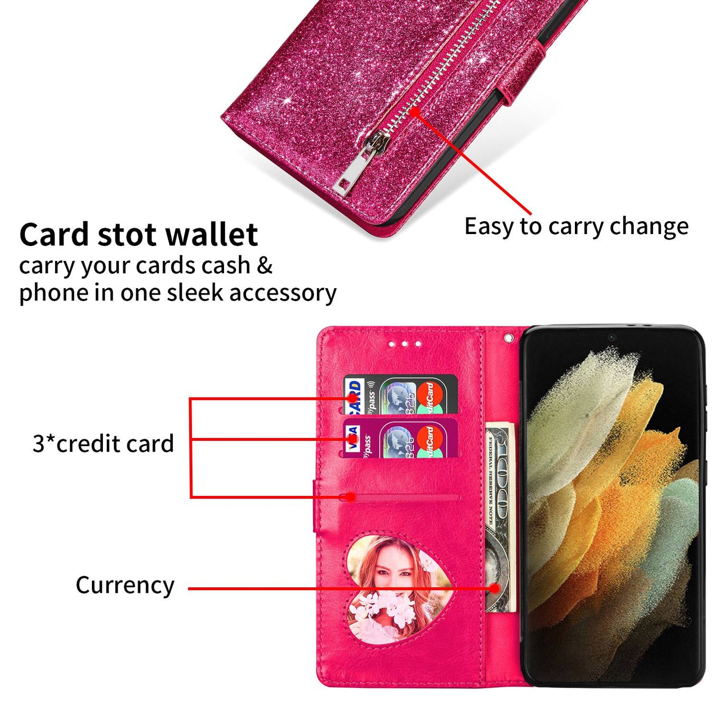 For Samsung Galaxy S24 Ultra Leather Case Zipper Pocket Glittery Phone Stand Cover - Rose