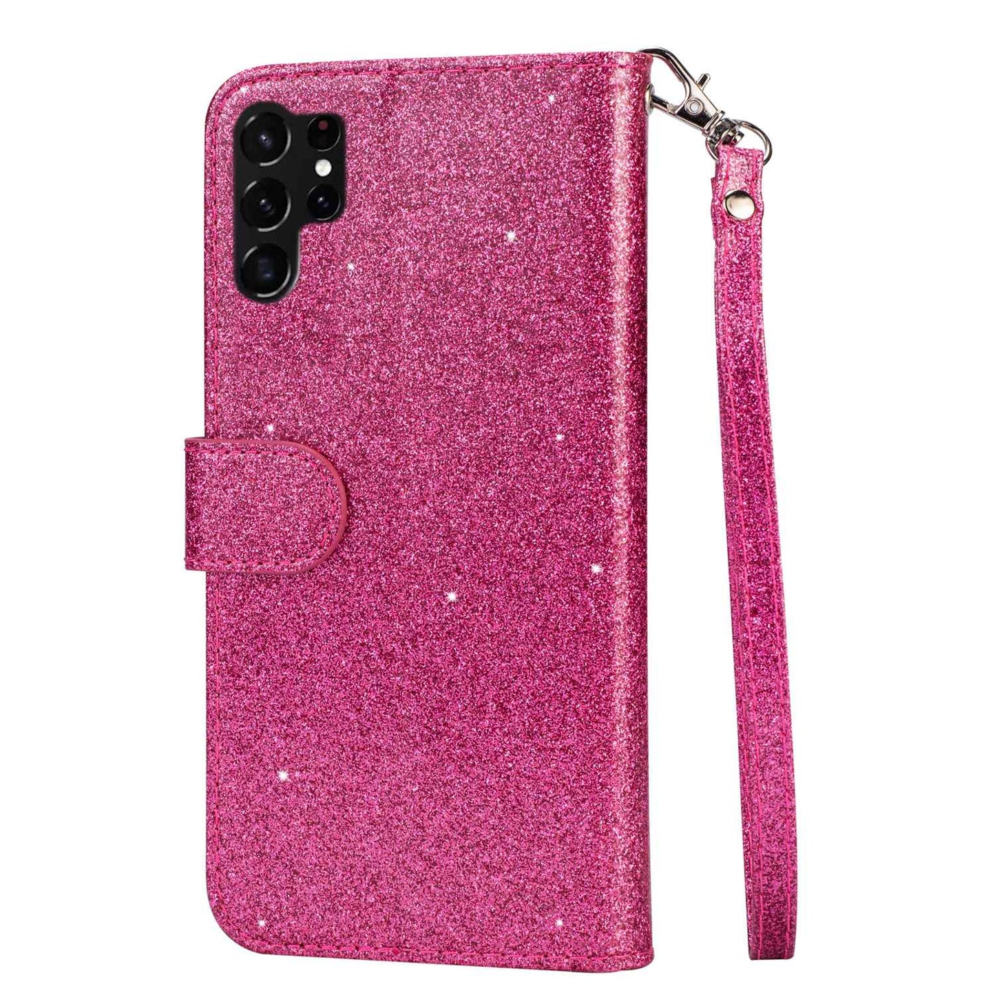 For Samsung Galaxy S24 Ultra Leather Case Zipper Pocket Glittery Phone Stand Cover - Rose