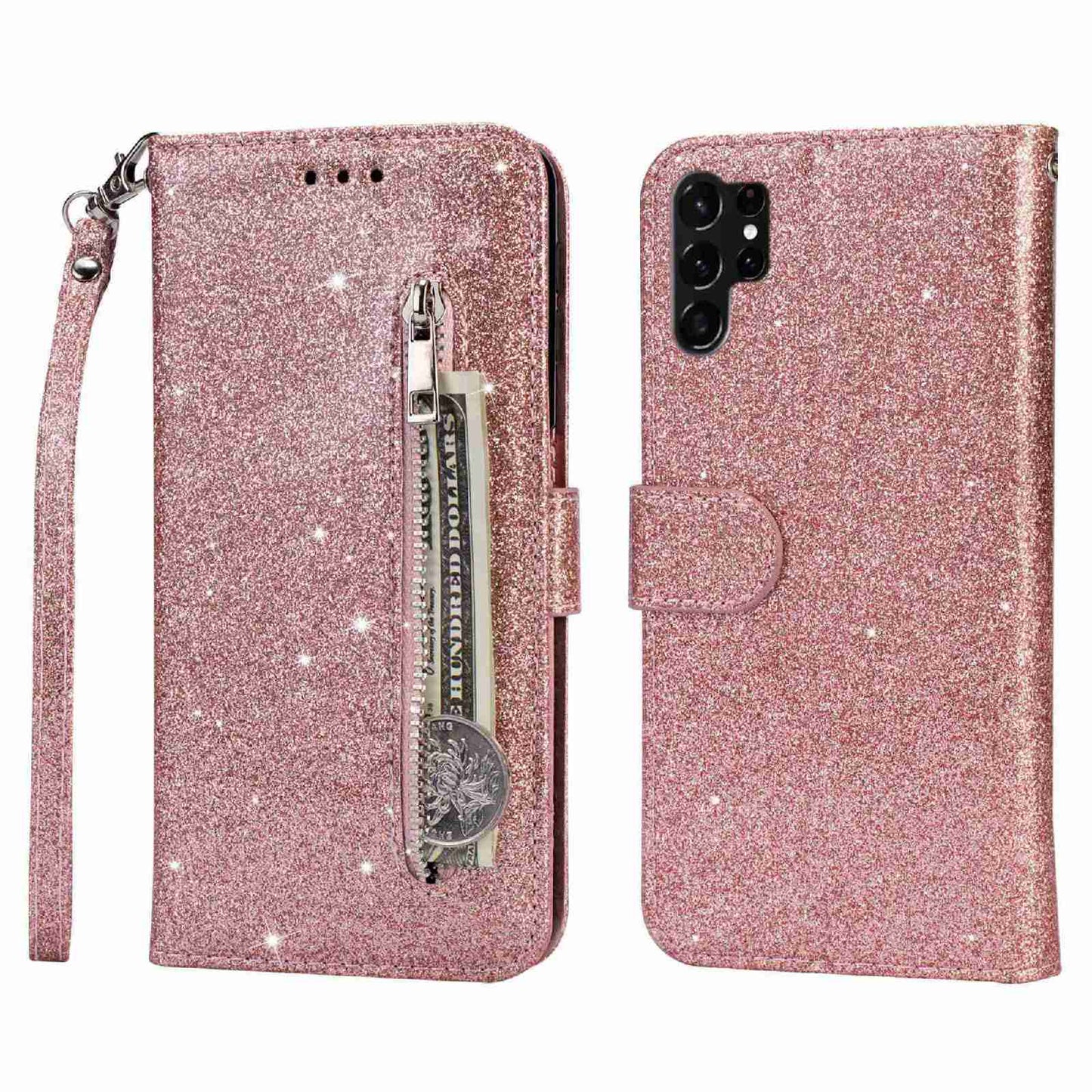 For Samsung Galaxy S24 Ultra Leather Case Zipper Pocket Glittery Phone Stand Cover - Rose Gold
