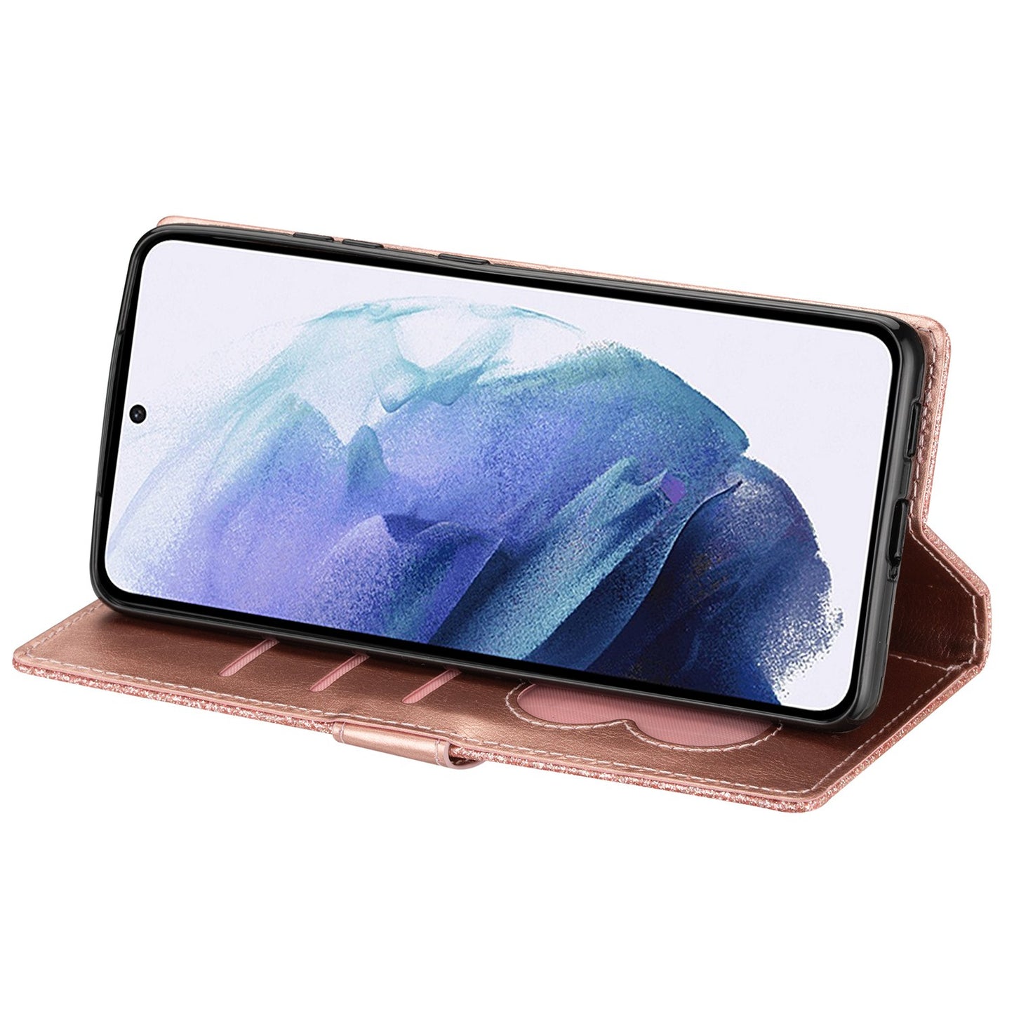 For Samsung Galaxy S24 Ultra Leather Case Zipper Pocket Glittery Phone Stand Cover - Rose Gold