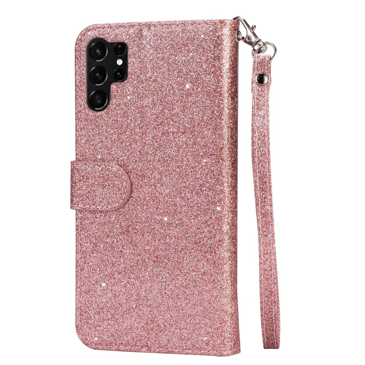 For Samsung Galaxy S24 Ultra Leather Case Zipper Pocket Glittery Phone Stand Cover - Rose Gold