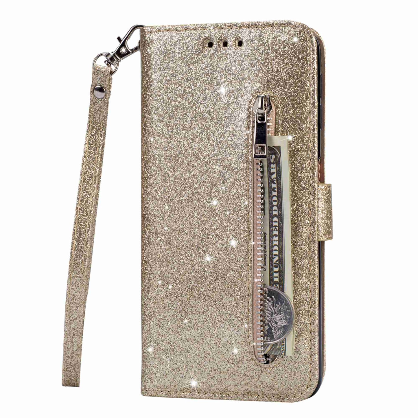 For Samsung Galaxy S24 Ultra Leather Case Zipper Pocket Glittery Phone Stand Cover - Gold
