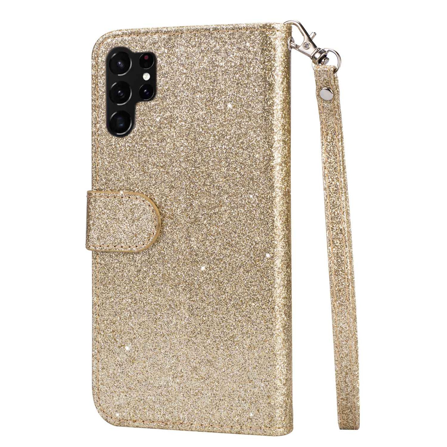 For Samsung Galaxy S24 Ultra Leather Case Zipper Pocket Glittery Phone Stand Cover - Gold