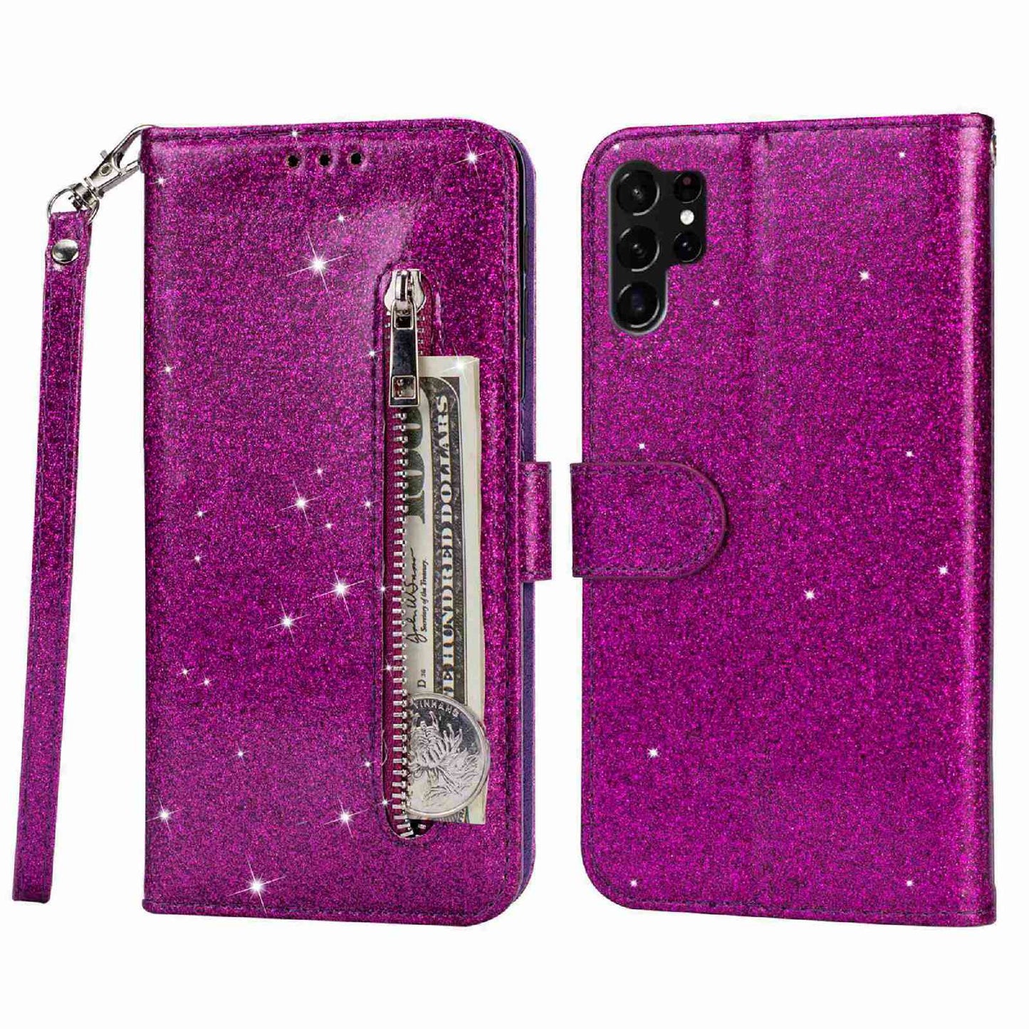 For Samsung Galaxy S24 Ultra Leather Case Zipper Pocket Glittery Phone Stand Cover - Purple