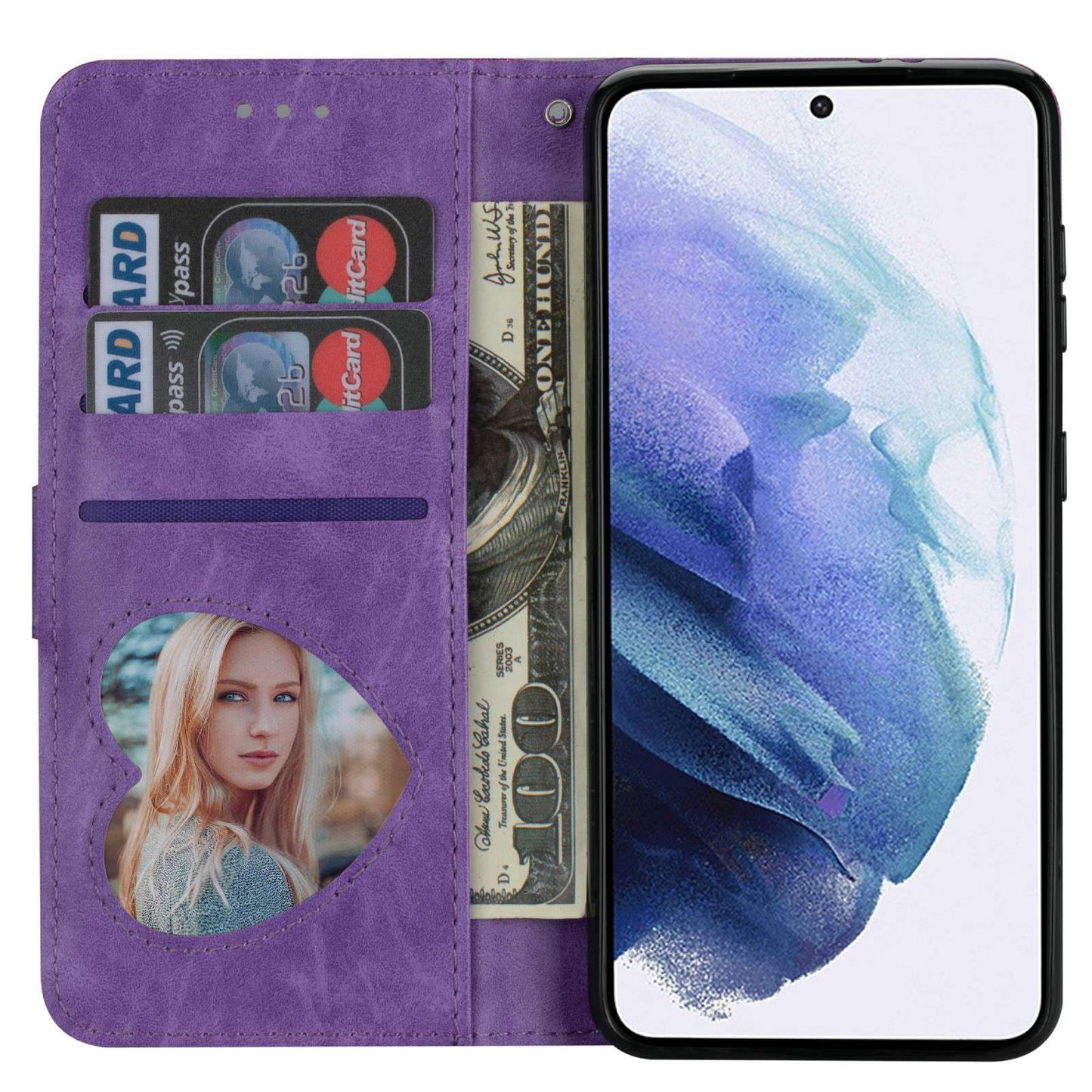 For Samsung Galaxy S24 Ultra Leather Case Zipper Pocket Glittery Phone Stand Cover - Purple