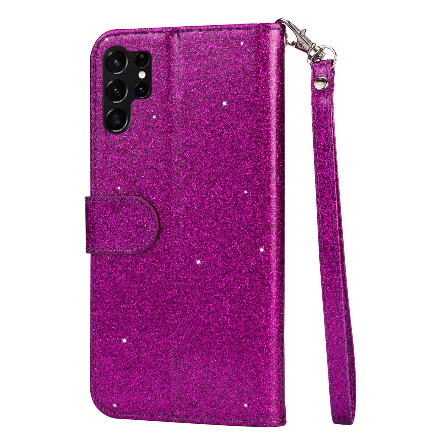 For Samsung Galaxy S24 Ultra Leather Case Zipper Pocket Glittery Phone Stand Cover - Purple