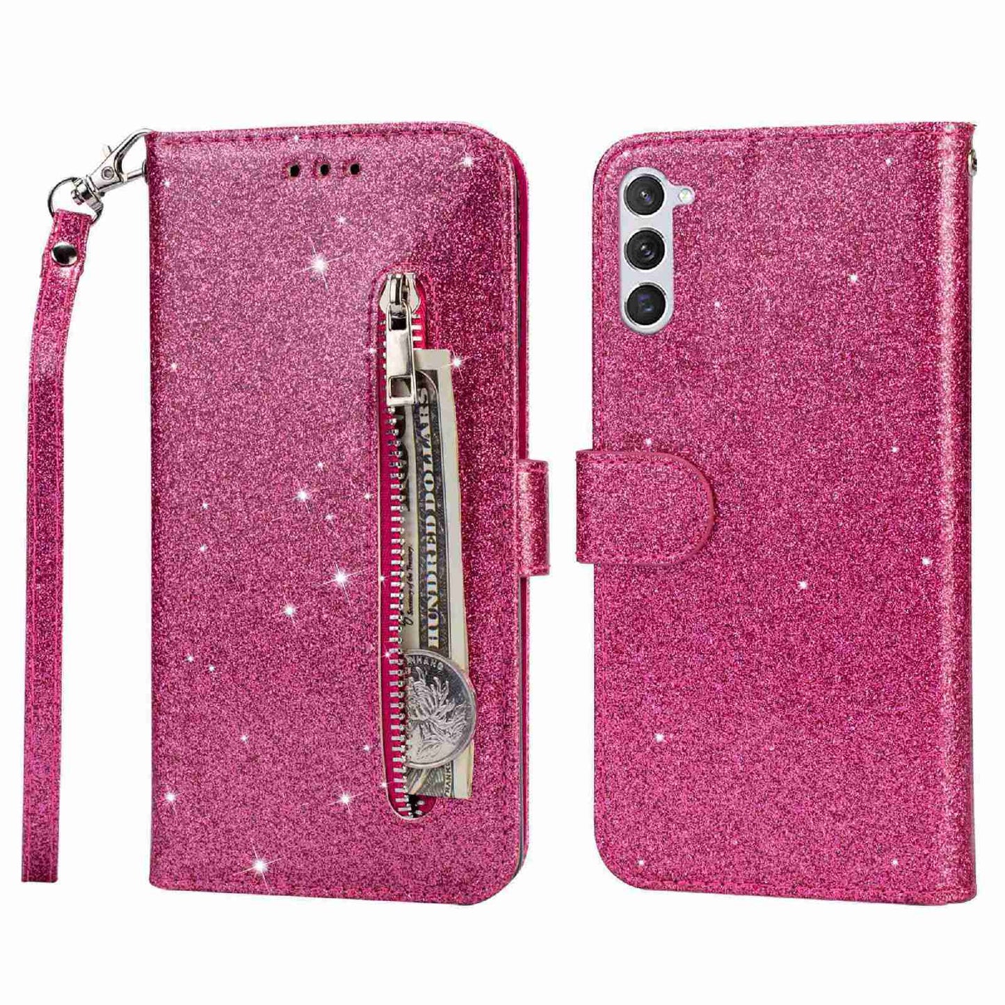 For Samsung Galaxy S24 Case Glittery Phone Wallet Cover with Zipper Pocket - Rose