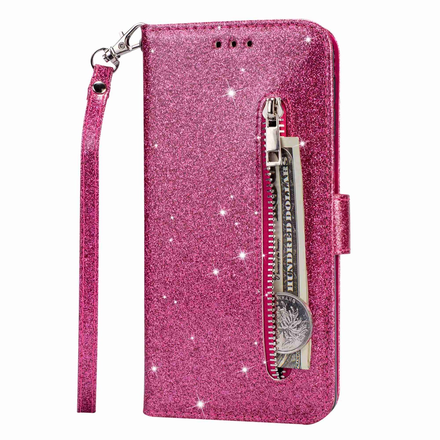 For Samsung Galaxy S24 Case Glittery Phone Wallet Cover with Zipper Pocket - Rose