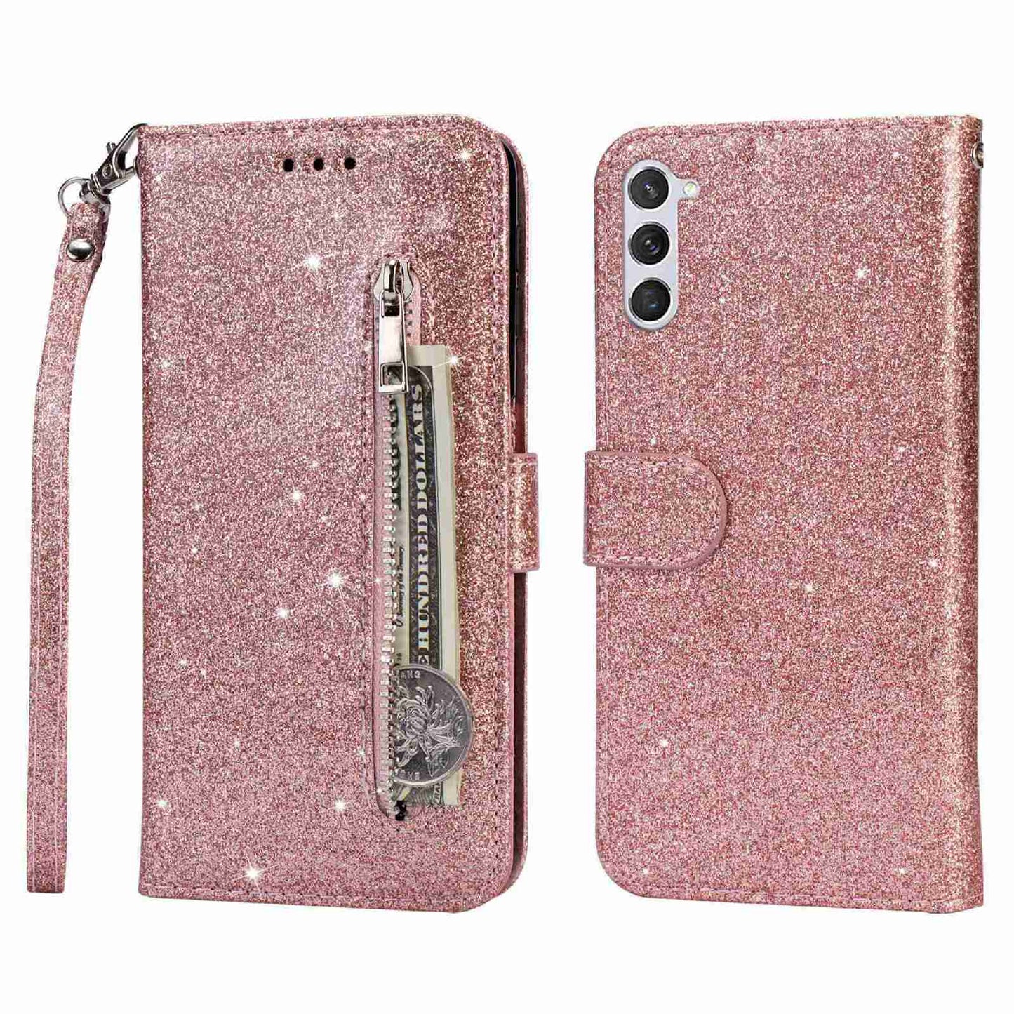 For Samsung Galaxy S24 Case Glittery Phone Wallet Cover with Zipper Pocket - Rose Gold