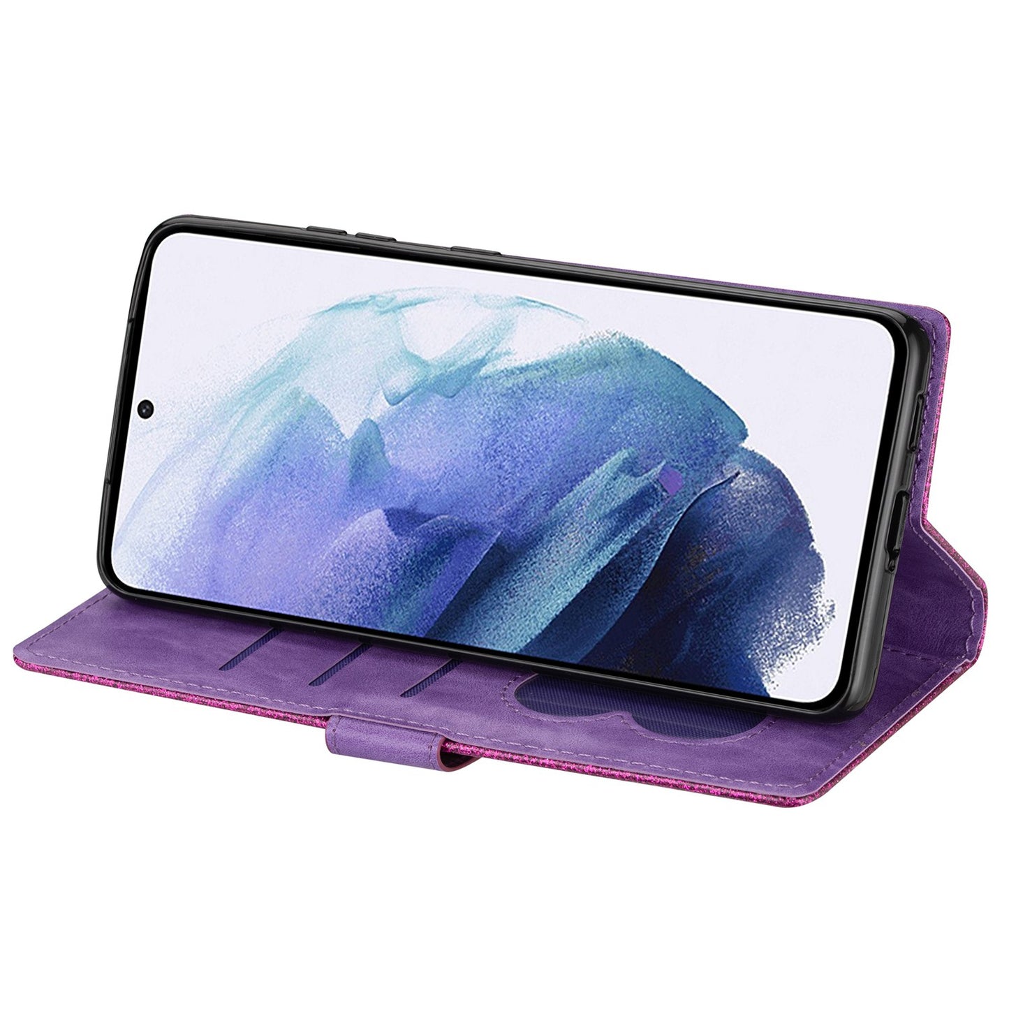 For Samsung Galaxy S24 Case Glittery Phone Wallet Cover with Zipper Pocket - Purple
