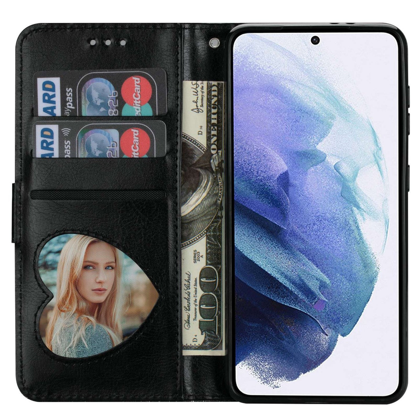 For Samsung Galaxy S24+ Case Zipper Pocket Glittery Leather Phone Cover - Black