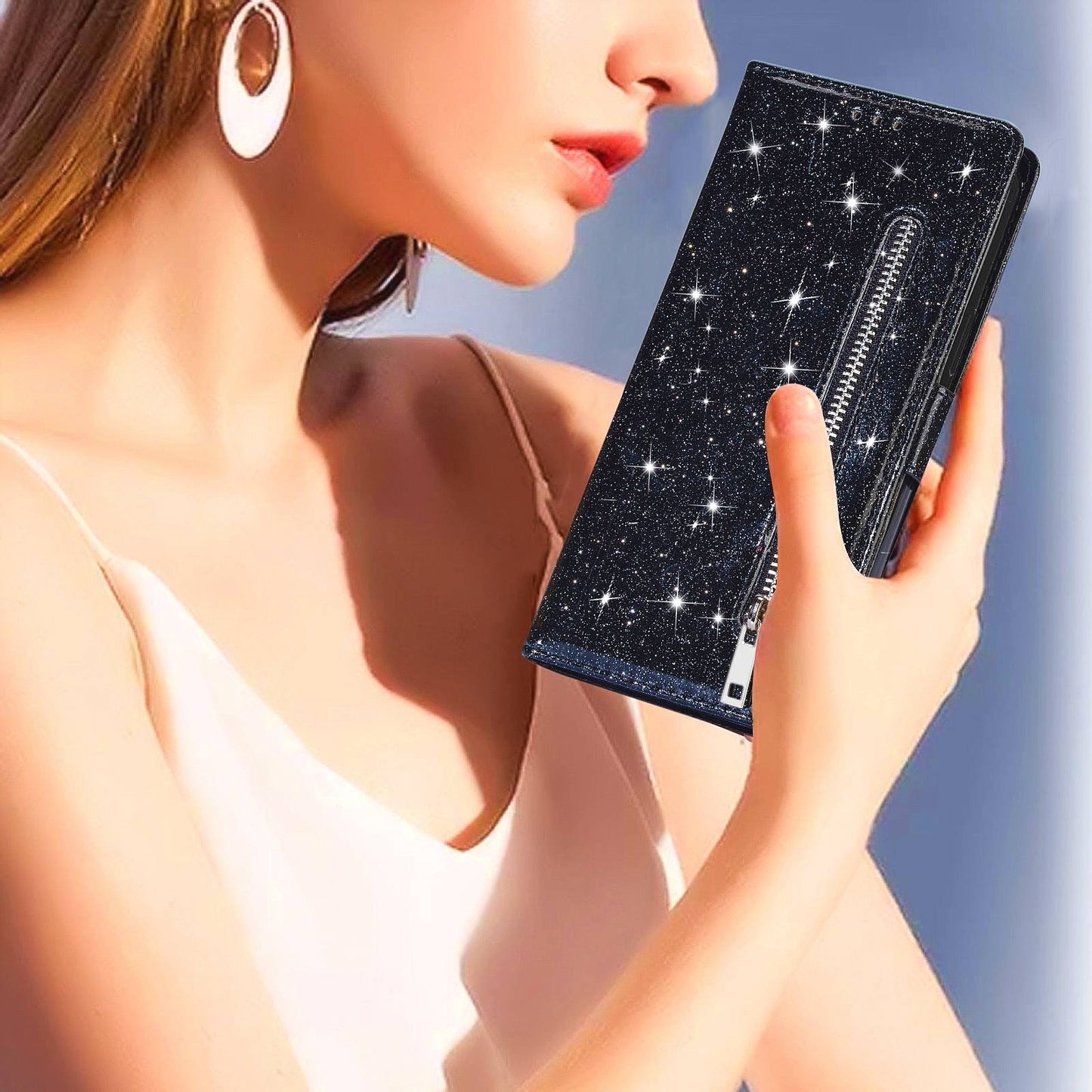 For Samsung Galaxy S24+ Case Zipper Pocket Glittery Leather Phone Cover - Black